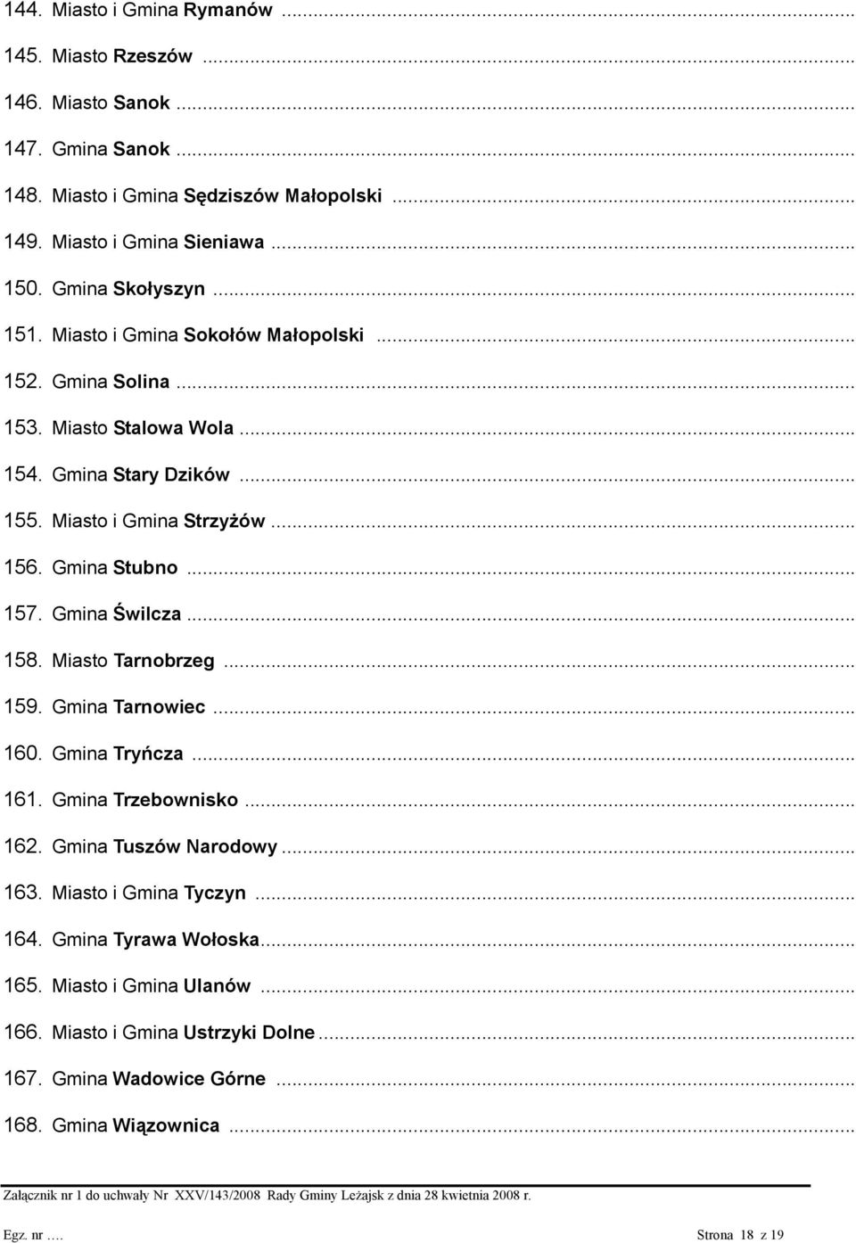 Gmina Stubno... 157. Gmina Świlcza... 158. Miasto Tarnobrzeg... 159. Gmina Tarnowiec... 160. Gmina Tryńcza... 161. Gmina Trzebownisko... 162. Gmina Tuszów Narodowy... 163.