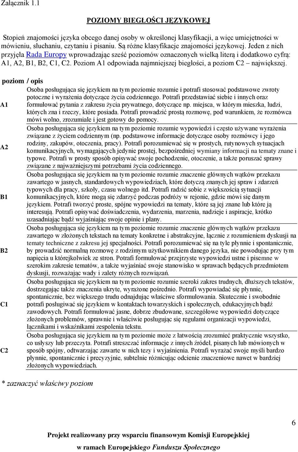 Poziom A1 odpowiada najmniejszej biegłości, a poziom C2 największej.