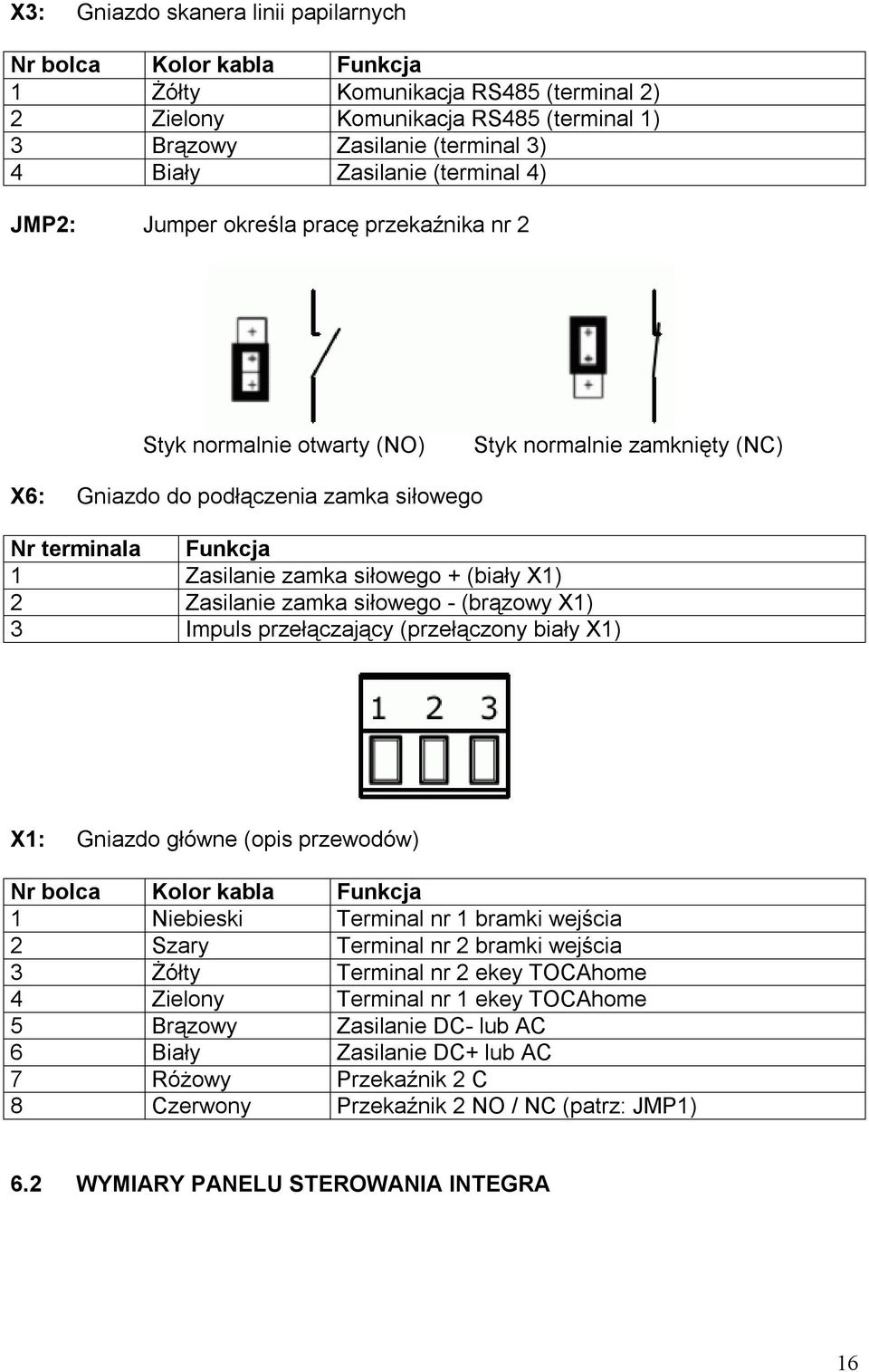 siłowego + (biały X1) 2 Zasilanie zamka siłowego - (brązowy X1) 3 Impuls przełączający (przełączony biały X1) X1: Gniazdo główne (opis przewodów) Nr bolca Kolor kabla Funkcja 1 Niebieski Terminal nr