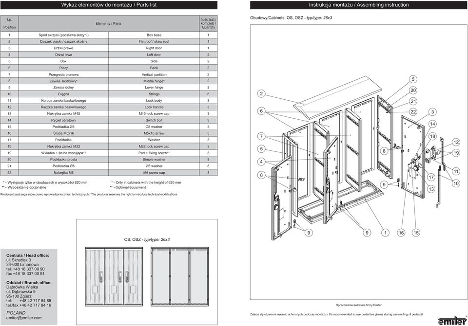 Bok Side Plecy Back Przegroda pionowa Zawias środkowy* Vertical partition Middle hinge* 0 Zawias dolny Cięgna Korpus zamka baskwilowego Rączka zamka baskwilowego Nakrętka zamka M Lover hinge Strings