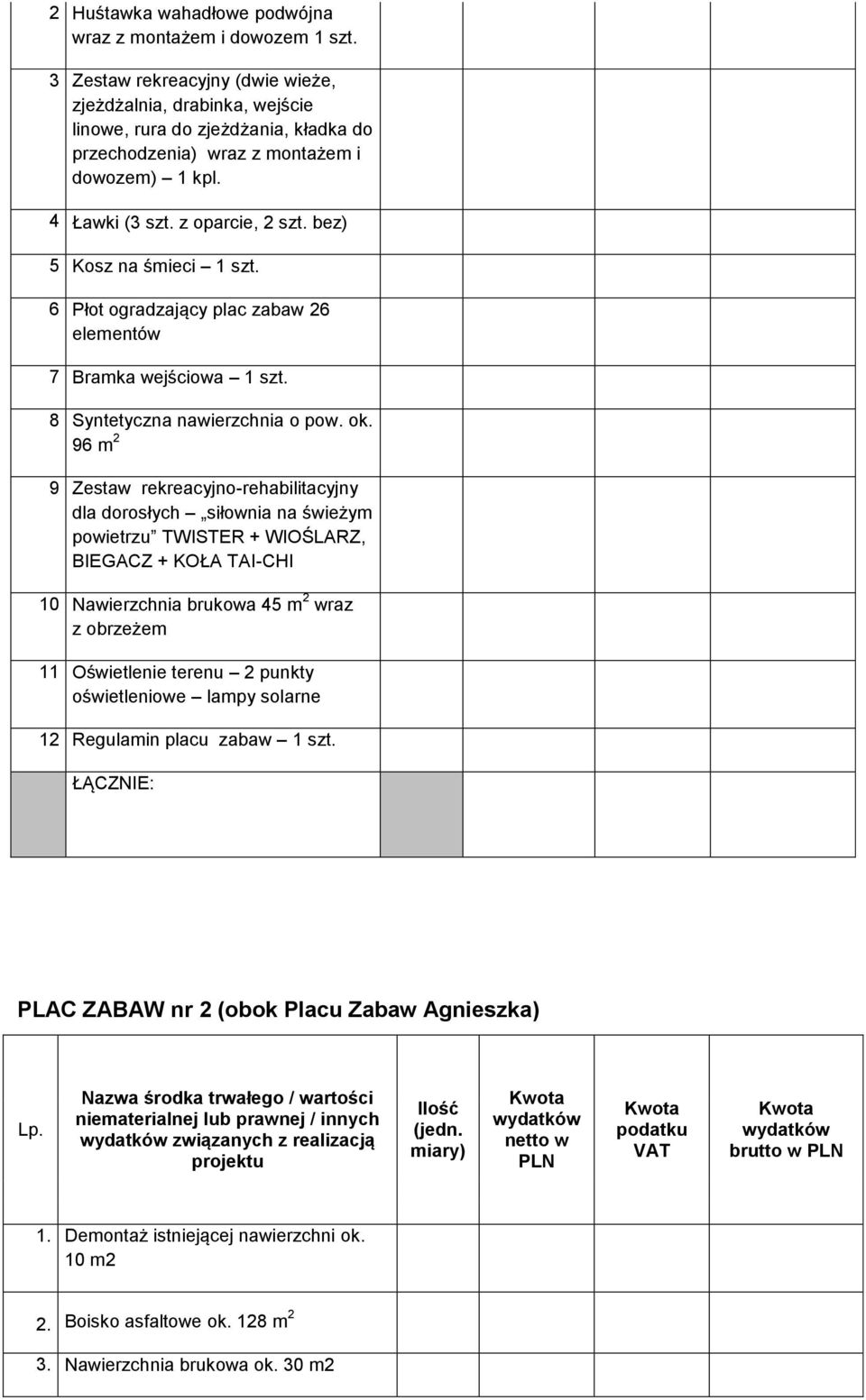 bez) 5 Kosz na śmieci 1 szt. 6 Płot ogradzający plac zabaw 26 elementów 7 Bramka wejściowa 1 szt. 8 Syntetyczna nawierzchnia o pow. ok.