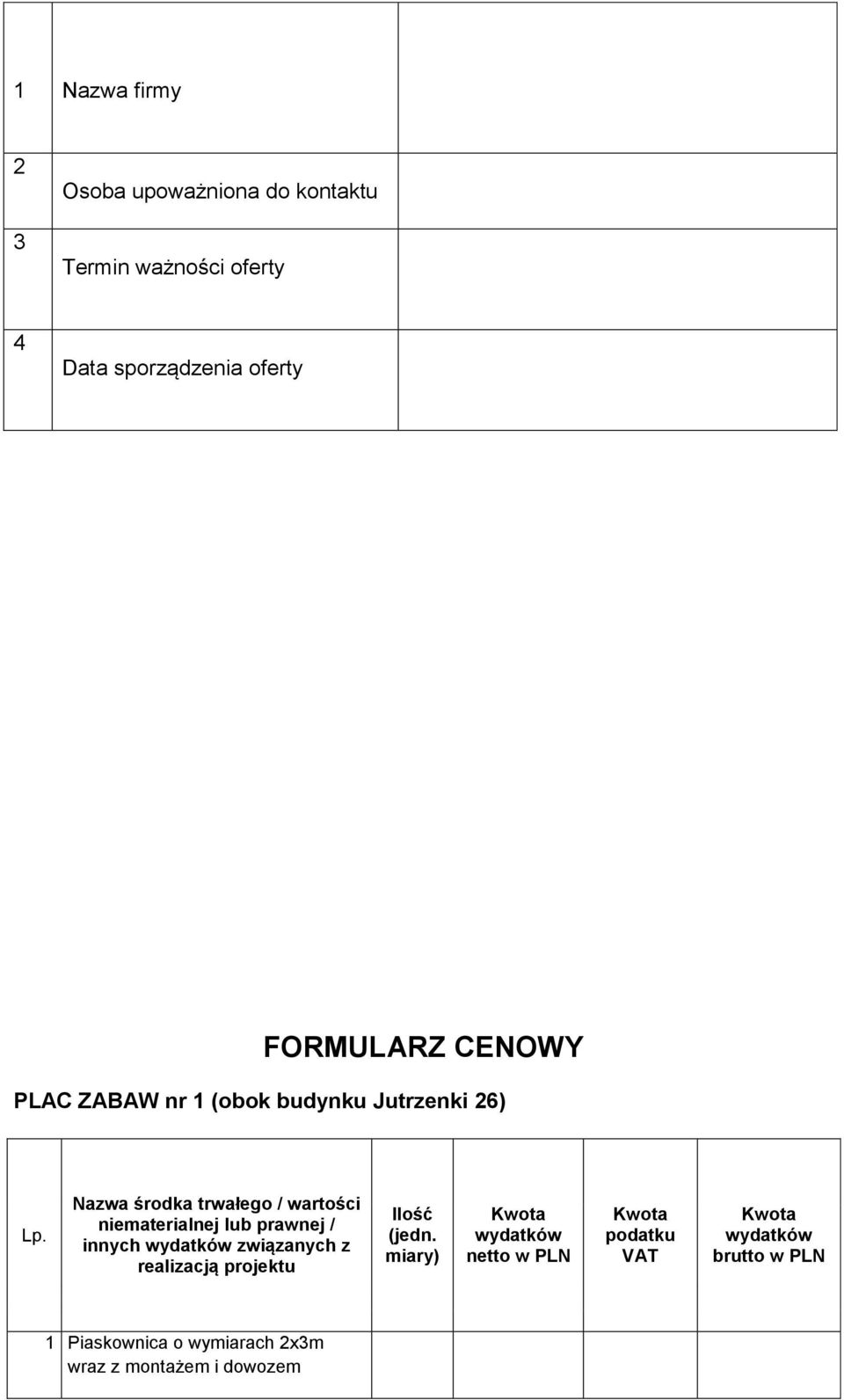 Nazwa środka trwałego / wartości niematerialnej lub prawnej / innych wydatków związanych z realizacją