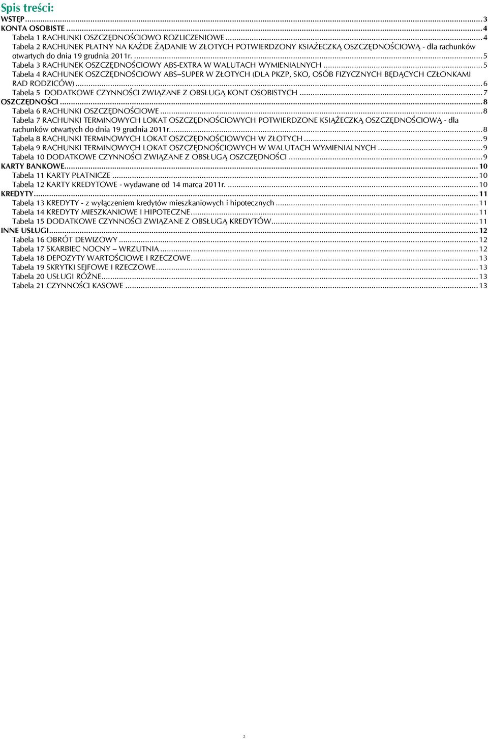 ... 5 Tabela 3 RACHUNEK OSZCZĘDNOŚCIOWY ABS-EXTRA W WALUTACH WYMIENIALNYCH... 5 Tabela 4 RACHUNEK OSZCZĘDNOŚCIOWY ABS SUPER W ZŁOTYCH (DLA PKZP, SKO, OSÓB FIZYCZNYCH BĘDĄCYCH CZŁONKAMI RAD RODZICÓW).