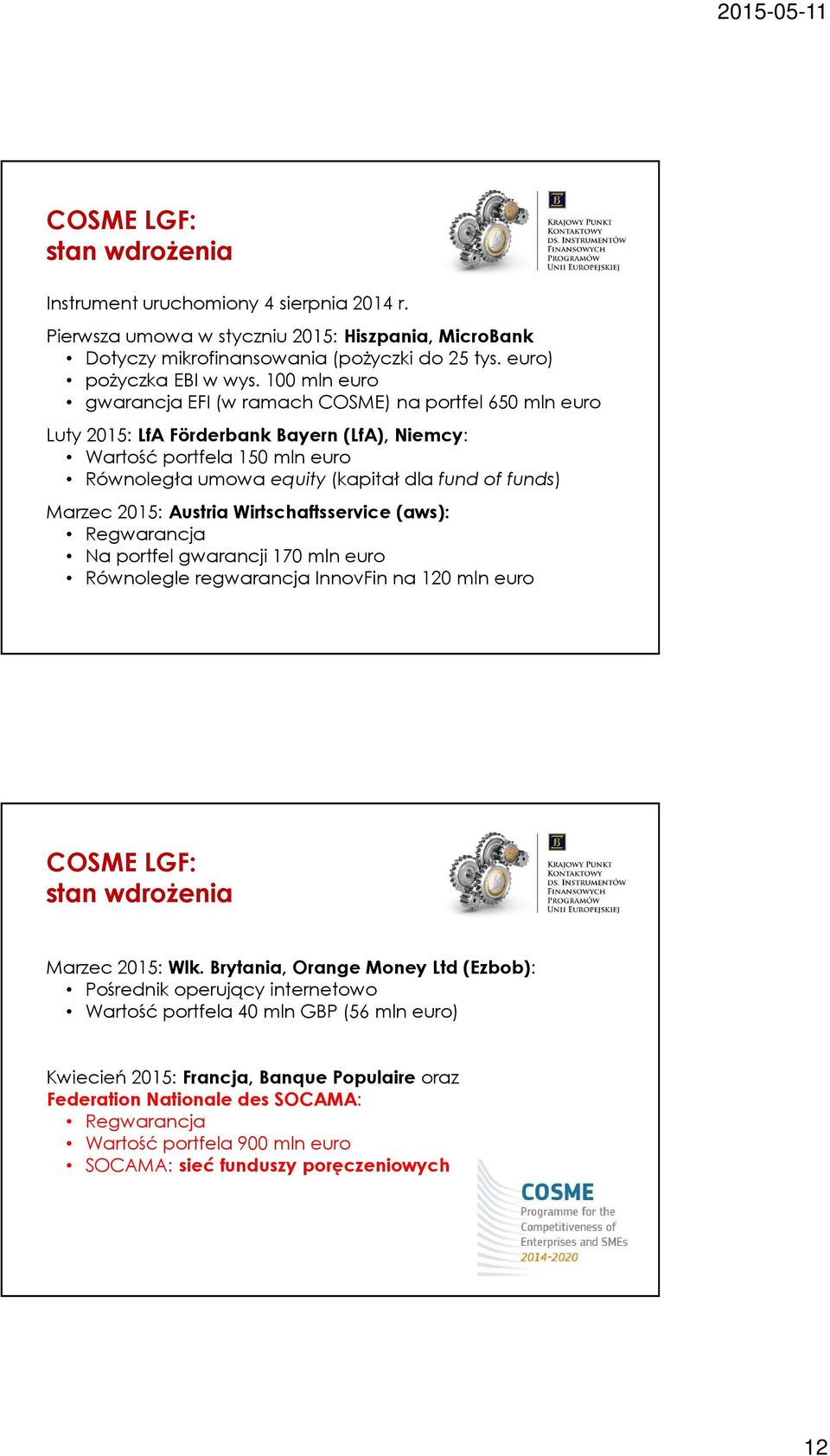 Marzec 2015: Austria Wirtschaftsservice(aws): Regwarancja Na portfel gwarancji 170 mln euro Równolegle regwarancja InnovFin na 120 mln euro COSME LGF: stan wdrożenia Marzec 2015: Wlk.