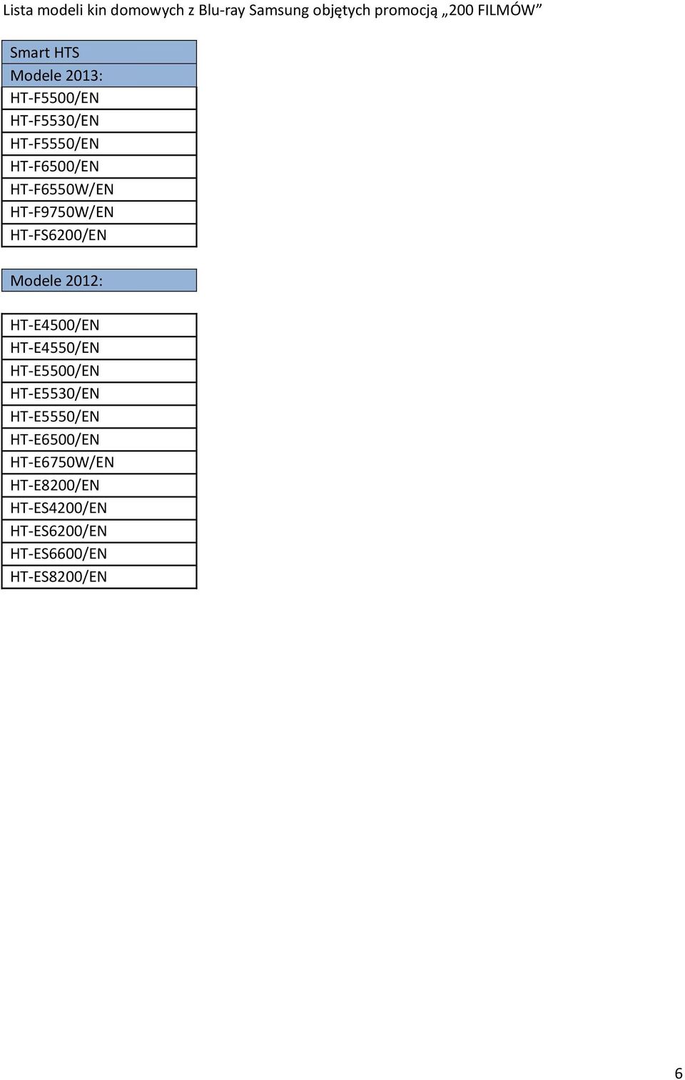 HT-FS6200/EN Modele 2012: HT-E4500/EN HT-E4550/EN HT-E5500/EN HT-E5530/EN HT-E5550/EN