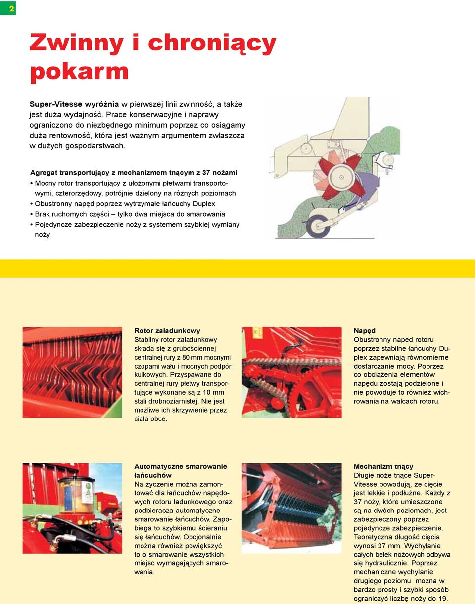 Agregat transportujący z mechanizmem tnącym z 37 nożami Mocny rotor transportujący z ułożonymi płetwami transportowymi, czterorzędowy, potrójnie dzielony na różnych poziomach Obustronny napęd poprzez