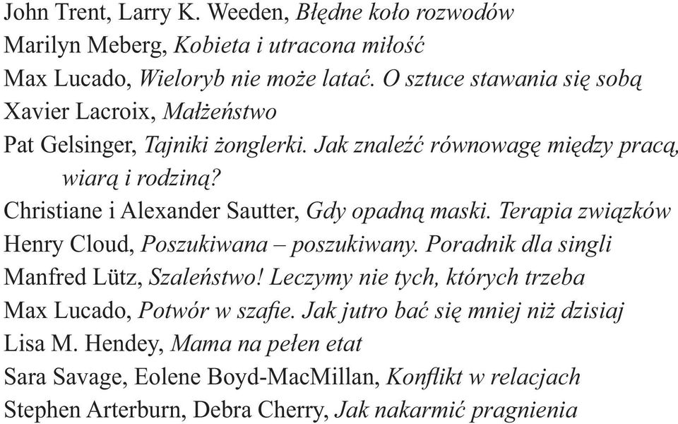 Christiane i Alexander Sautter, Gdy opadną maski. Terapia związków Henry Cloud, Poszukiwana poszukiwany. Poradnik dla singli Manfred Lütz, Szaleństwo!