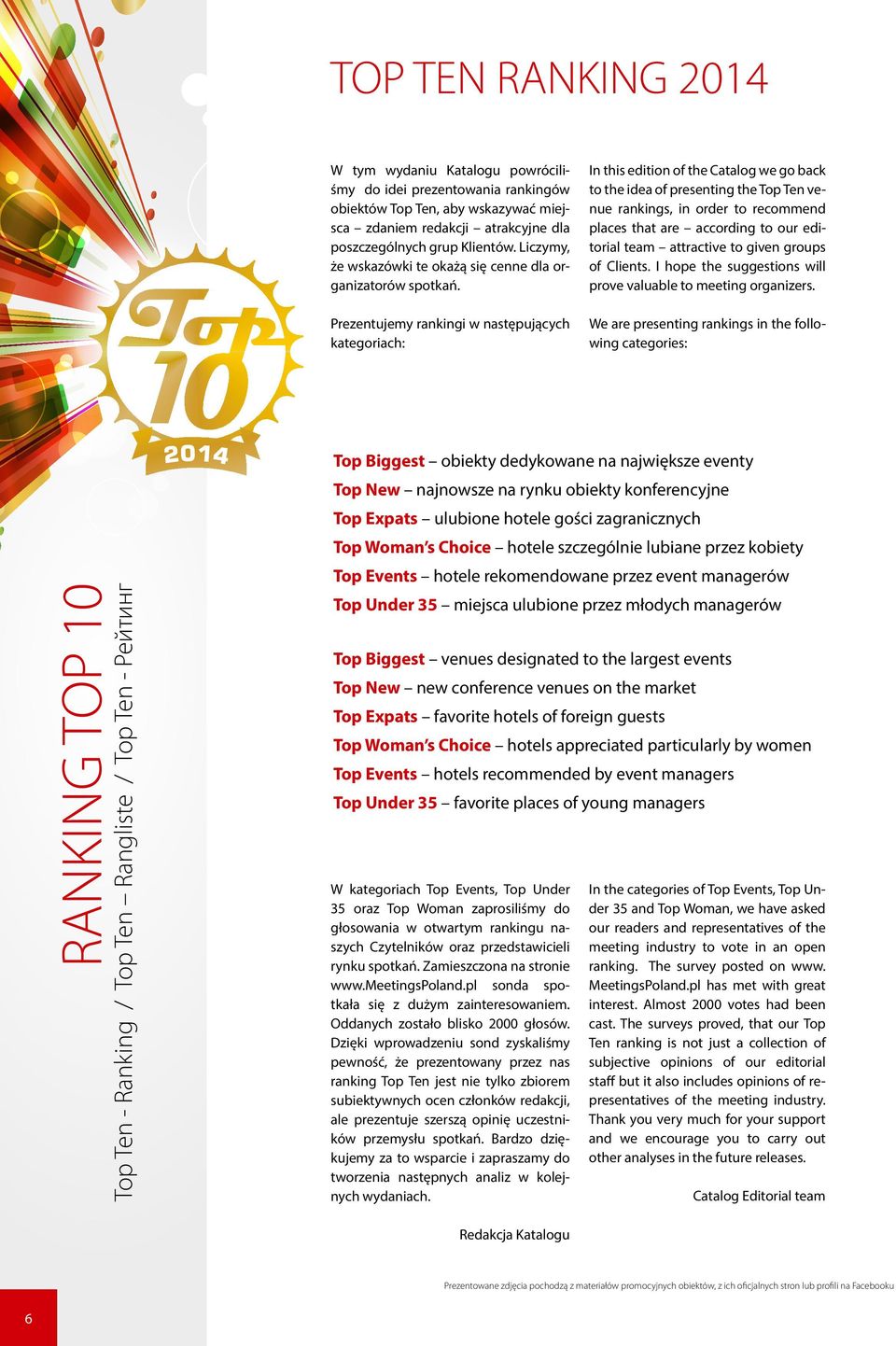 Prezentujemy rankingi w następujących kategoriach: In this edition of the Catalog we go back to the idea of presenting the Top Ten venue rankings, in order to recommend places that are according to