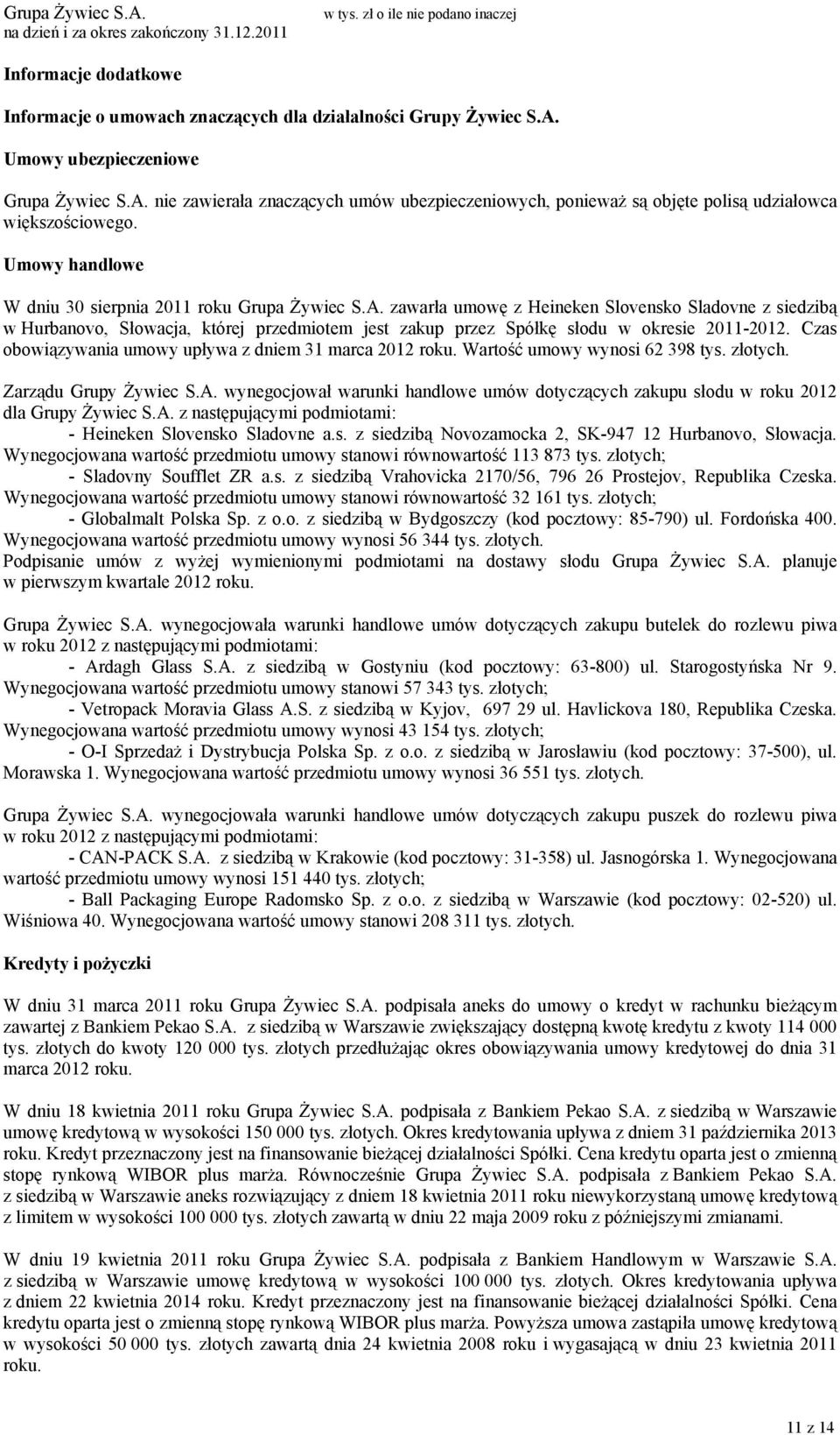 zawarła umowę z Heineken Slovensko Sladovne z siedzibą w Hurbanovo, Słowacja, której przedmiotem jest zakup przez Spółkę słodu w okresie 2011-2012.