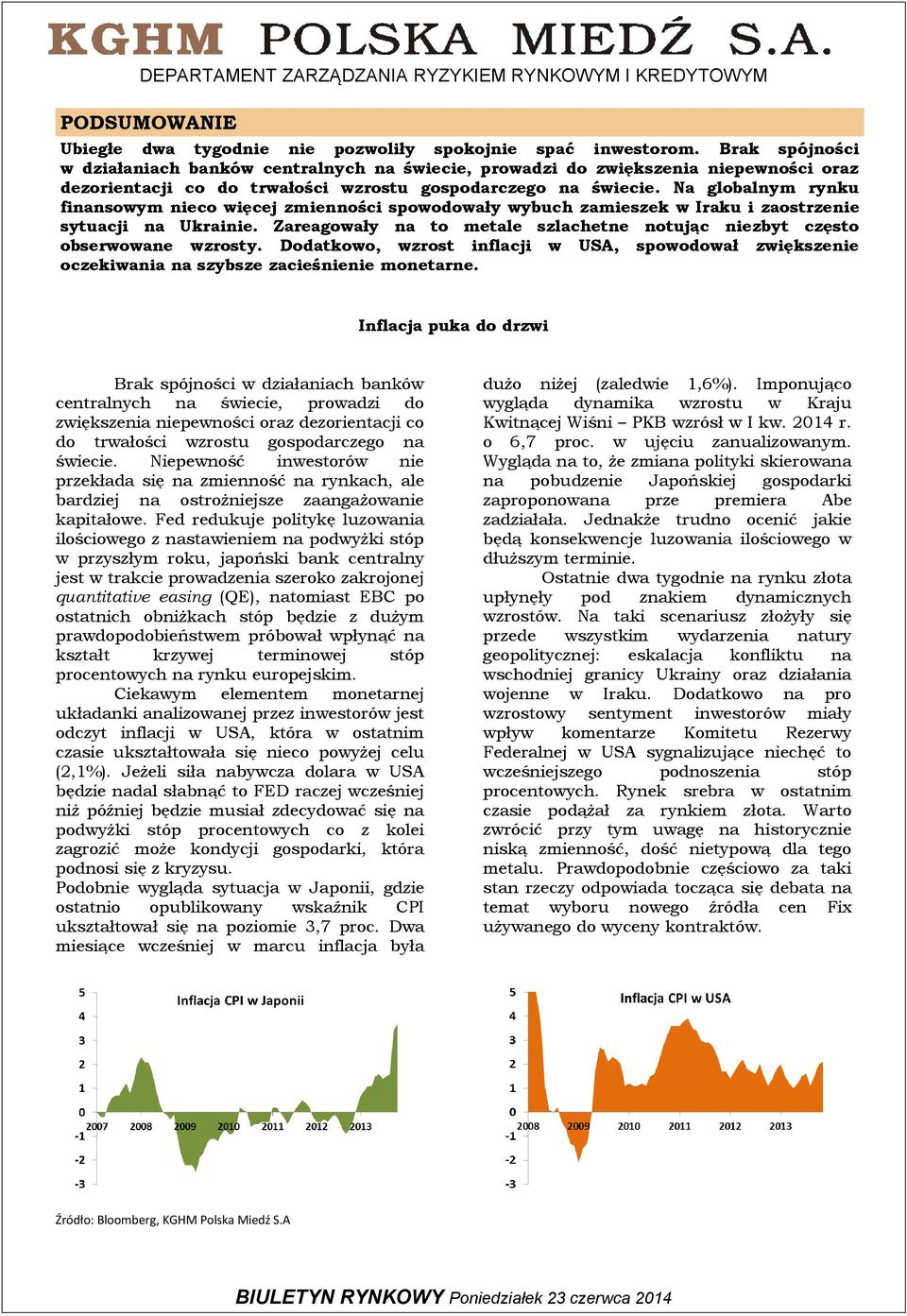 Na globalnym rynku finansowym nieco więcej zmienności spowodowały wybuch zamieszek w Iraku i zaostrzenie sytuacji na Ukrainie.