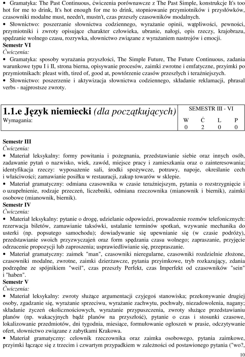 Słownictwo: poszerzanie słownictwa codziennego, wyraŝanie opinii, wątpliwości, pewności, przymiotniki i zwroty opisujące charakter człowieka, ubranie, nałogi, opis rzeczy, krajobrazu, spędzanie