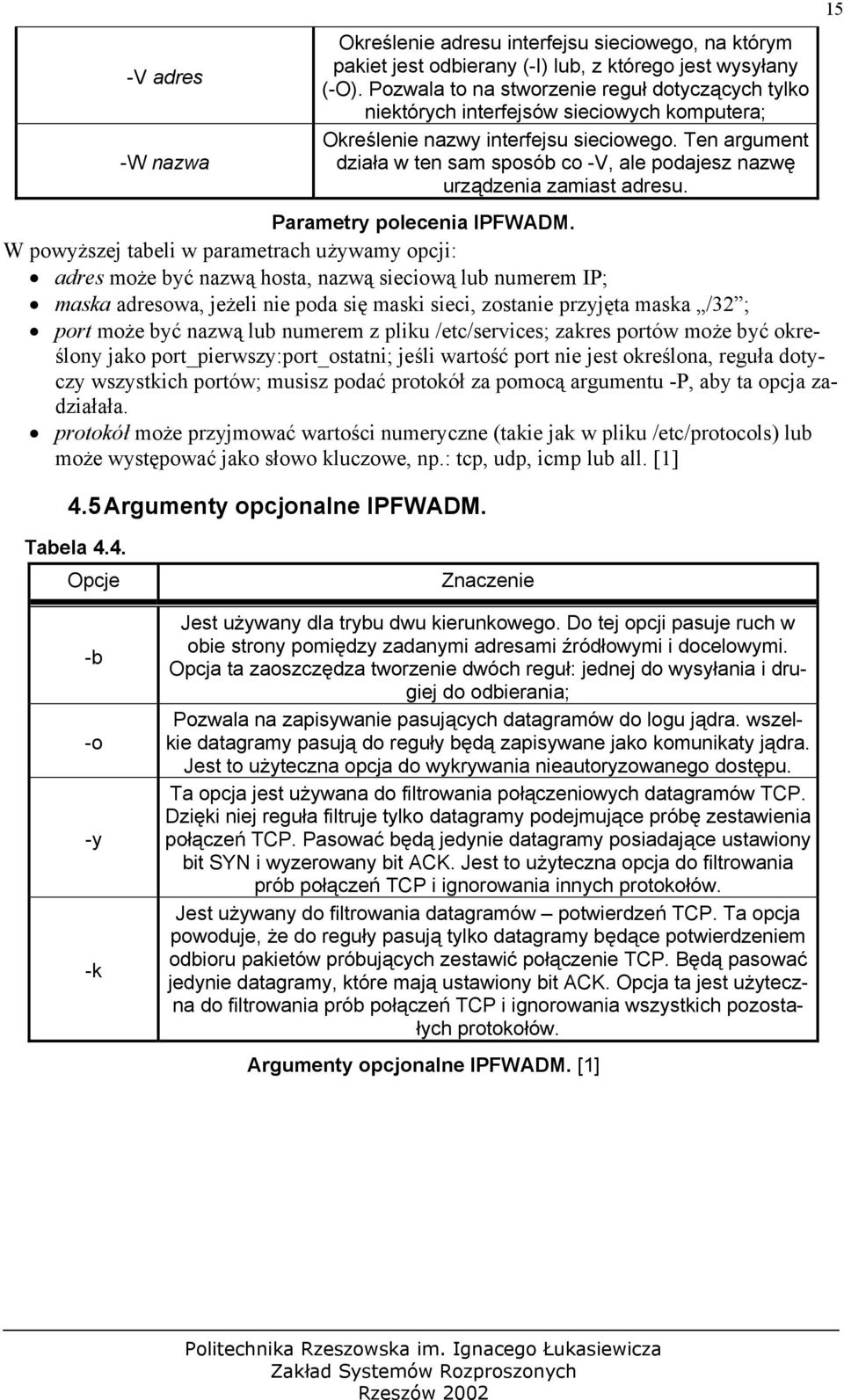 Ten argument działa w ten sam sposób co -V, ale podajesz nazwę urządzenia zamiast adresu. Parametry polecenia IPFWADM.