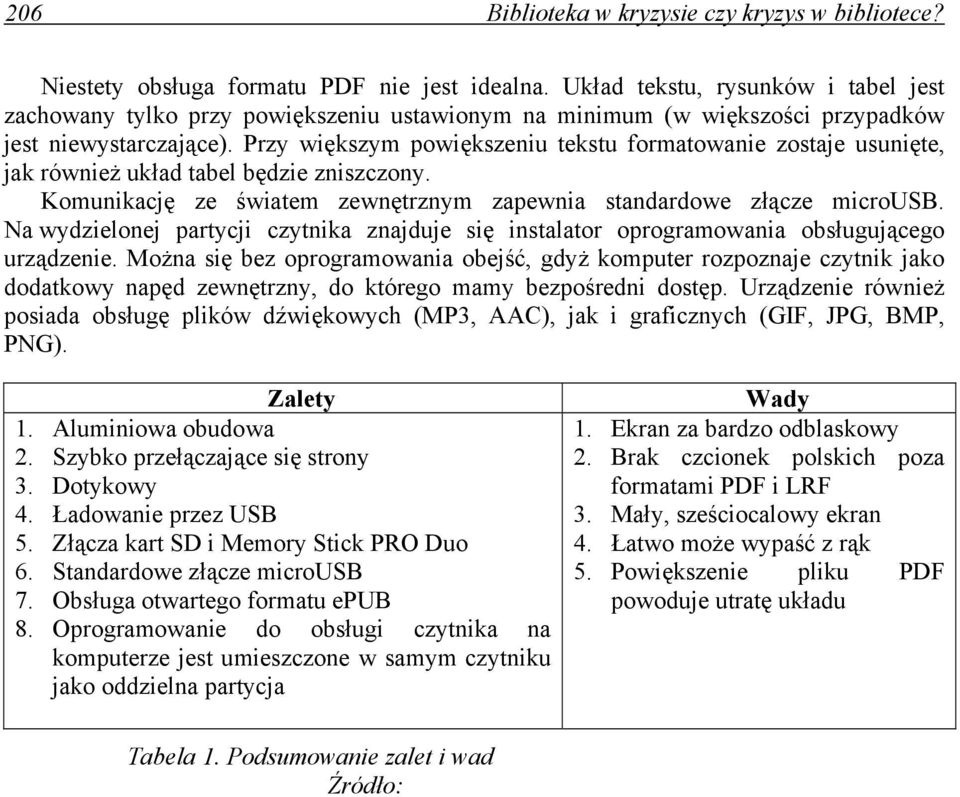 Przy większym powiększeniu tekstu formatowanie zostaje usunięte, jak również układ tabel będzie zniszczony. Komunikację ze światem zewnętrznym zapewnia standardowe złącze microusb.