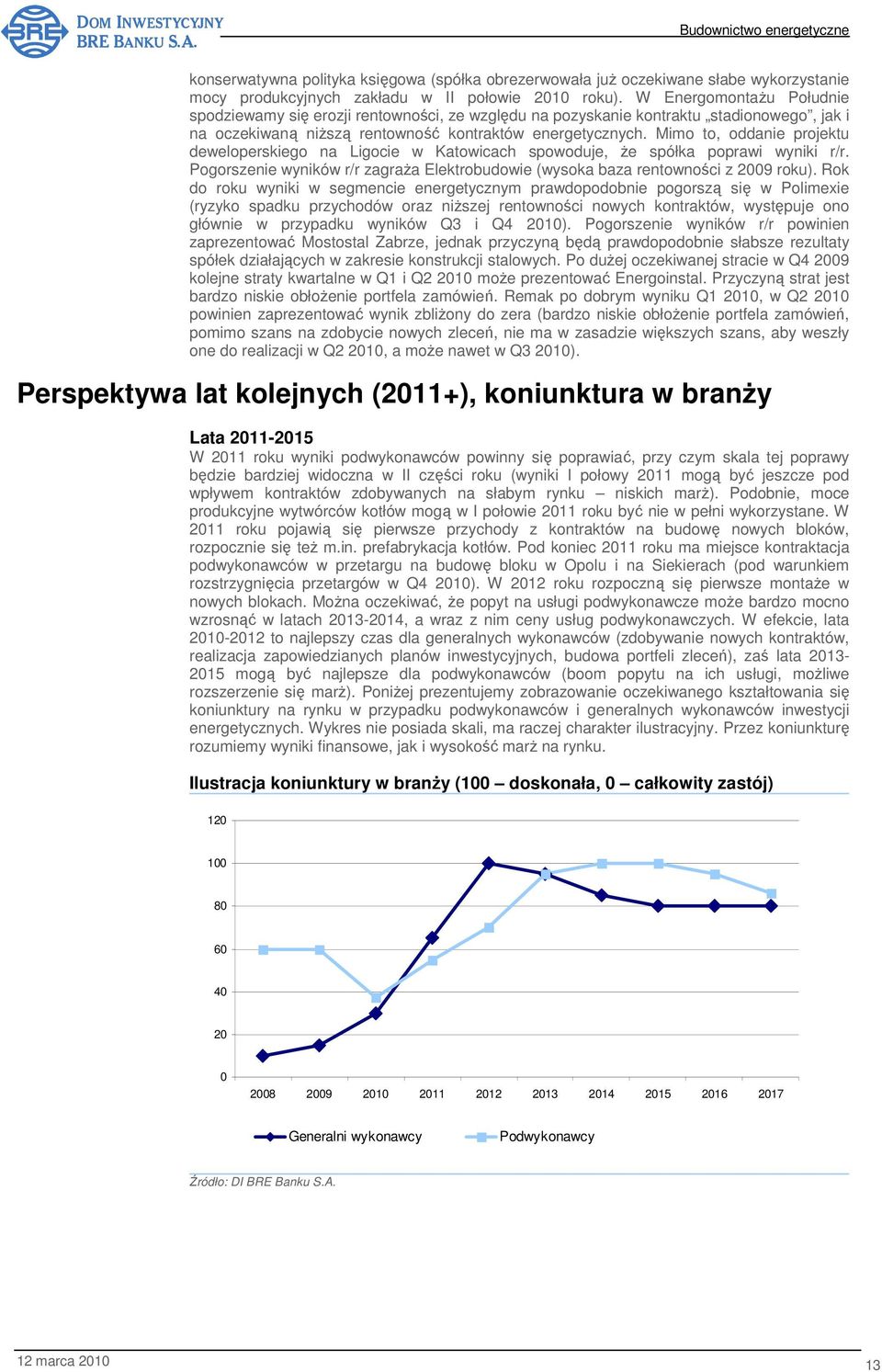 Mimo to, oddanie projektu deweloperskiego na Ligocie w Katowicach spowoduje, Ŝe spółka poprawi wyniki r/r. Pogorszenie wyników r/r zagraŝa Elektrobudowie (wysoka baza rentowności z 2009 roku).