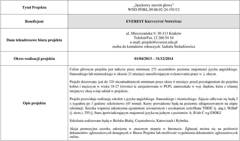 angielskiego, francuskiego lub niemieckiego w okresie 21 miesięcy umożliwiającym wykonywanie pracy w j. obcym.