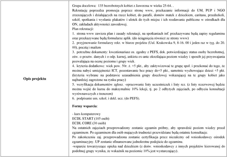 szkół, spotkania i wysłanie plakatów i ulotek do tych miejsc i ich rozdawanie publiczne w ośrodkach dla ON, zakładach aktywności zawodowej. Plan rekrutacji: 1.