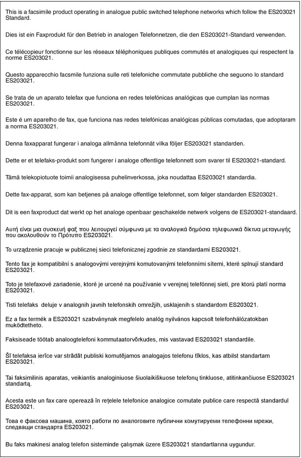 Ce télécopieur fonctionne sur les réseaux téléphoniques publiques commutés et analogiques qui respectent la norme ES203021.