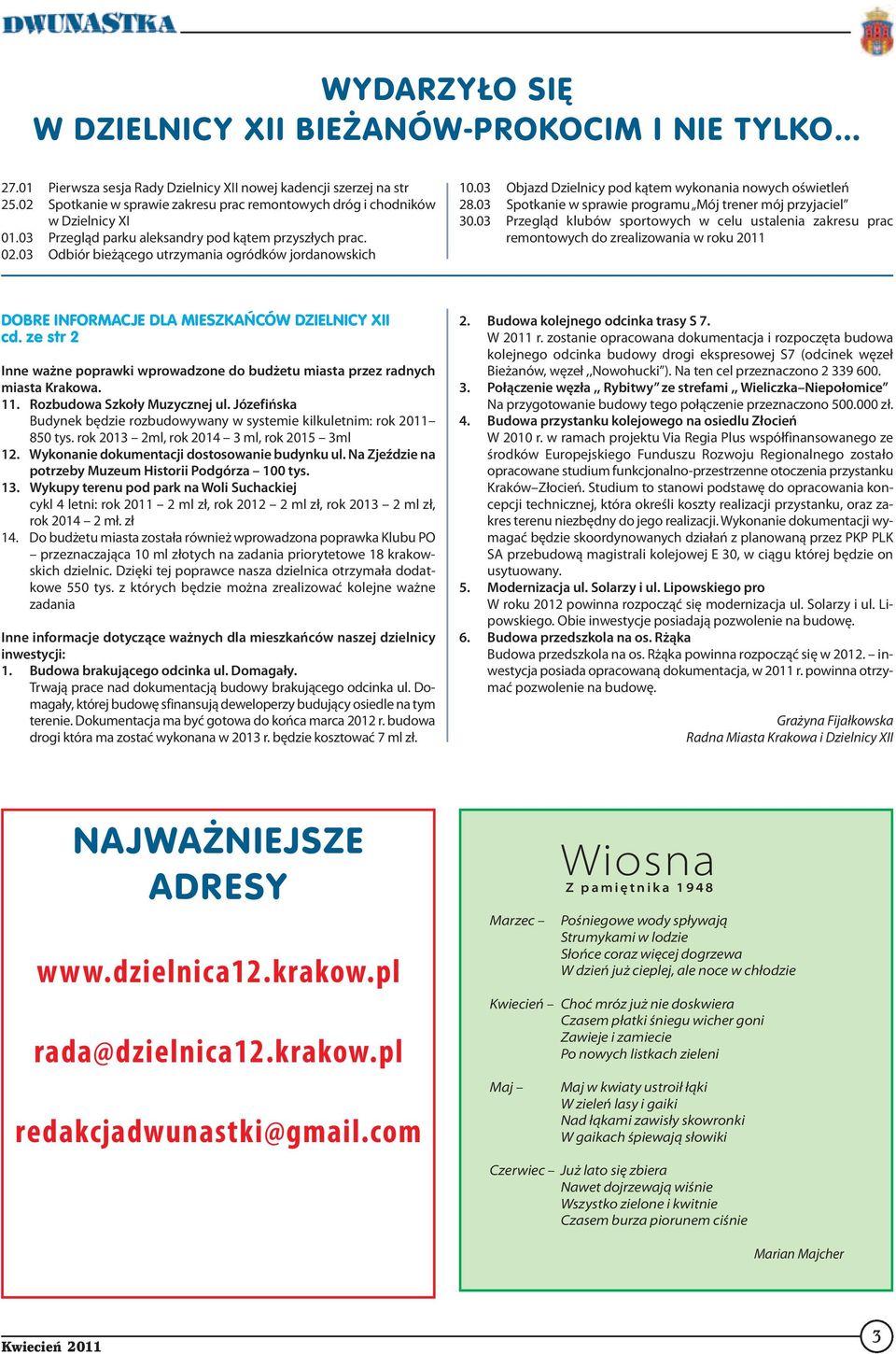 03 Objazd Dzielnicy pod kątem wykonania nowych oświetleń 28.03 Spotkanie w sprawie programu Mój trener mój przyjaciel 30.