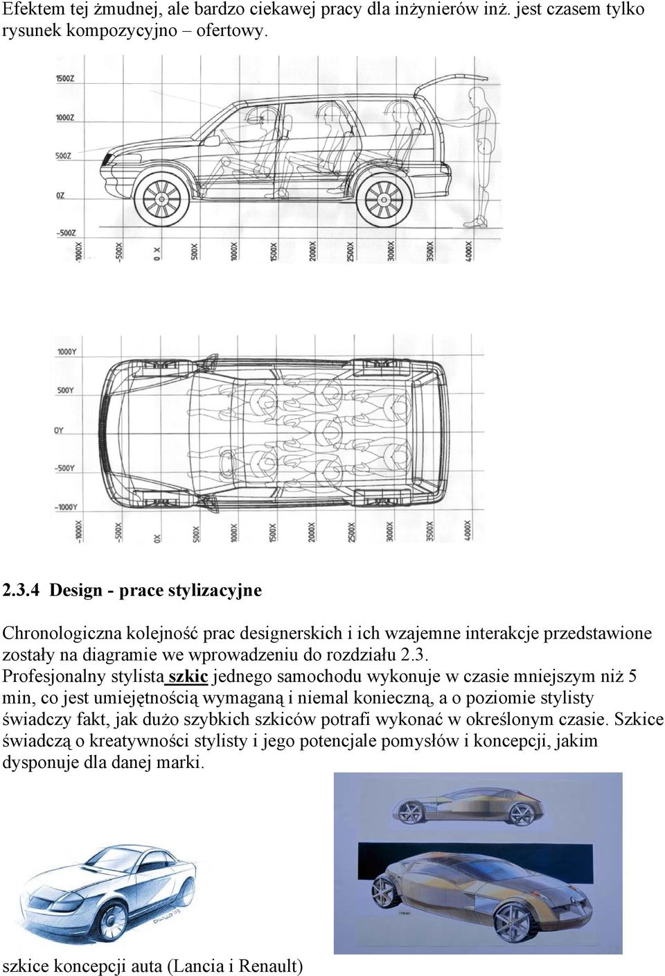 Profesjonalny stylista szkic jednego samochodu wykonuje w czasie mniejszym niż 5 min, co jest umiejętnością wymaganą i niemal konieczną, a o poziomie stylisty świadczy