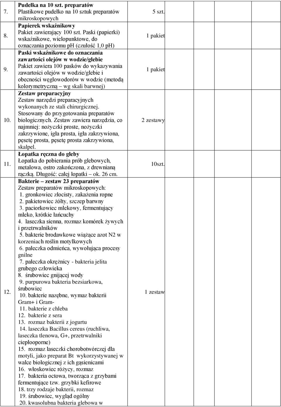 zawartości olejów w wodzie/glebie i obecności węglowodorów w wodzie (metodą kolorymetryczną wg skali barwnej) Zestaw preparacyjny Zestaw narzędzi preparacyjnych wykonanych ze stali chirurgicznej.