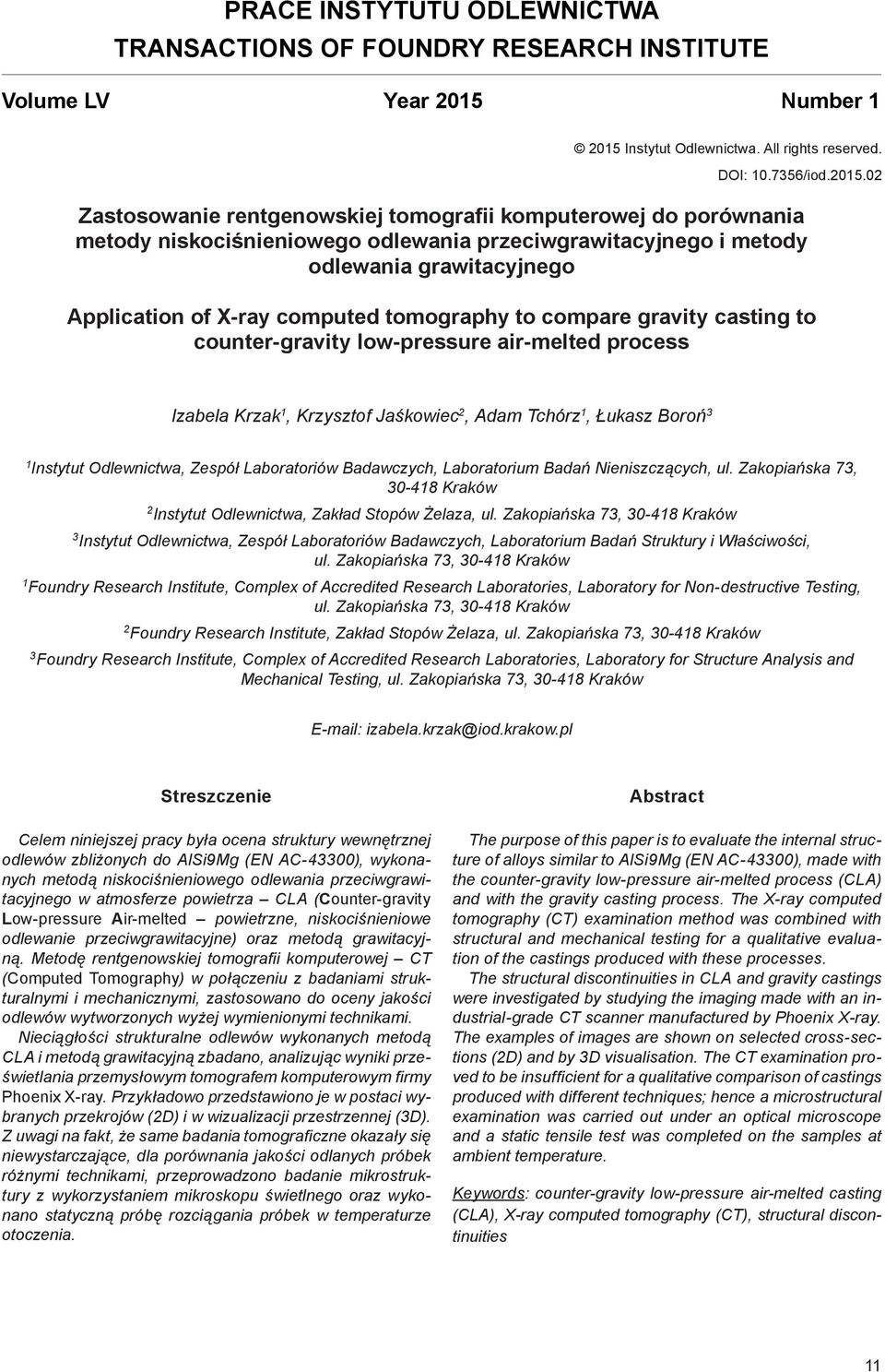 Instytut Odlewnictwa. All rights reserved. DOI: 10.7356/iod.2015.