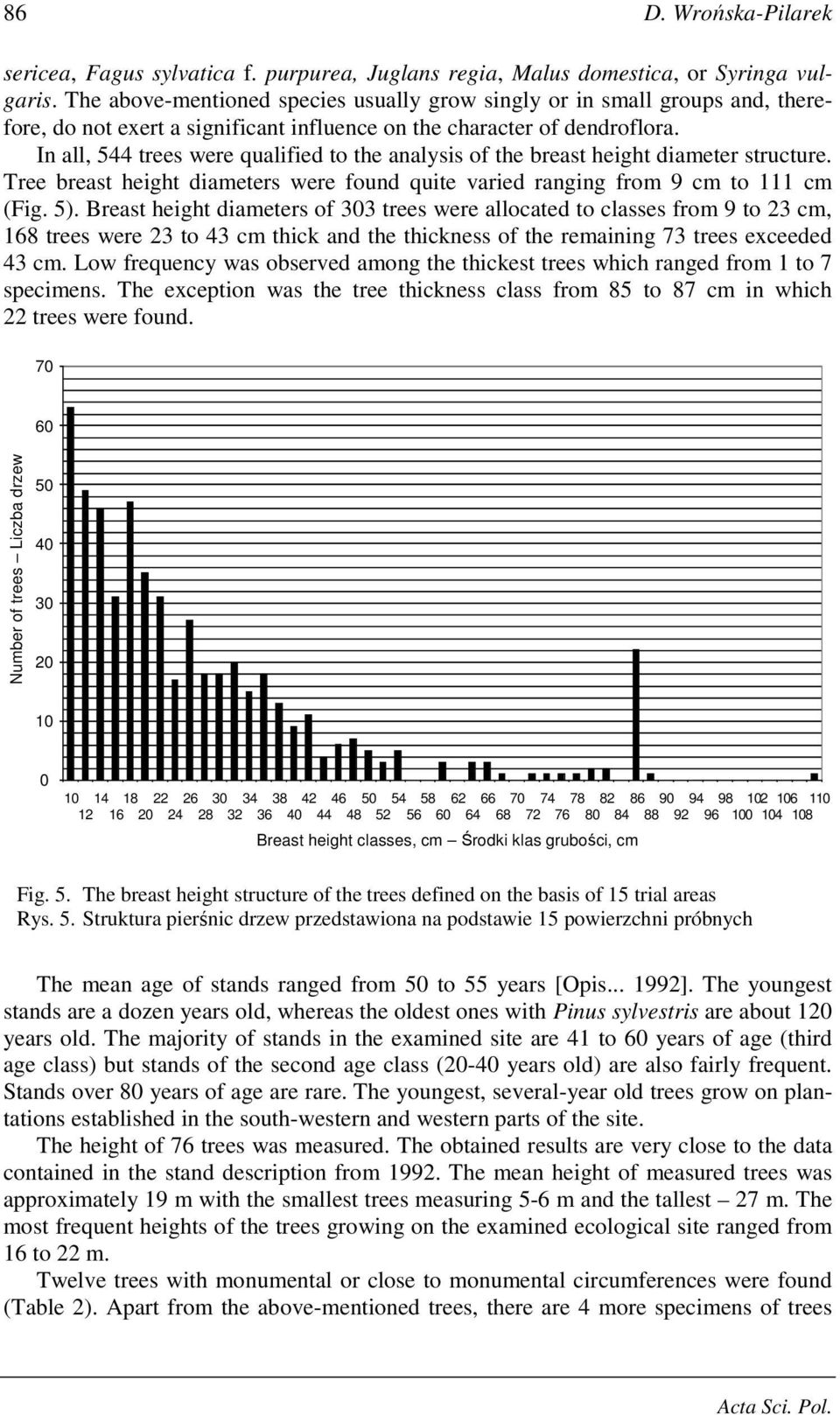 In all, 544 trees were qualified to the analysis of the breast height diameter structure. Tree breast height diameters were found quite varied ranging from 9 cm to 111 cm (Fig. 5).