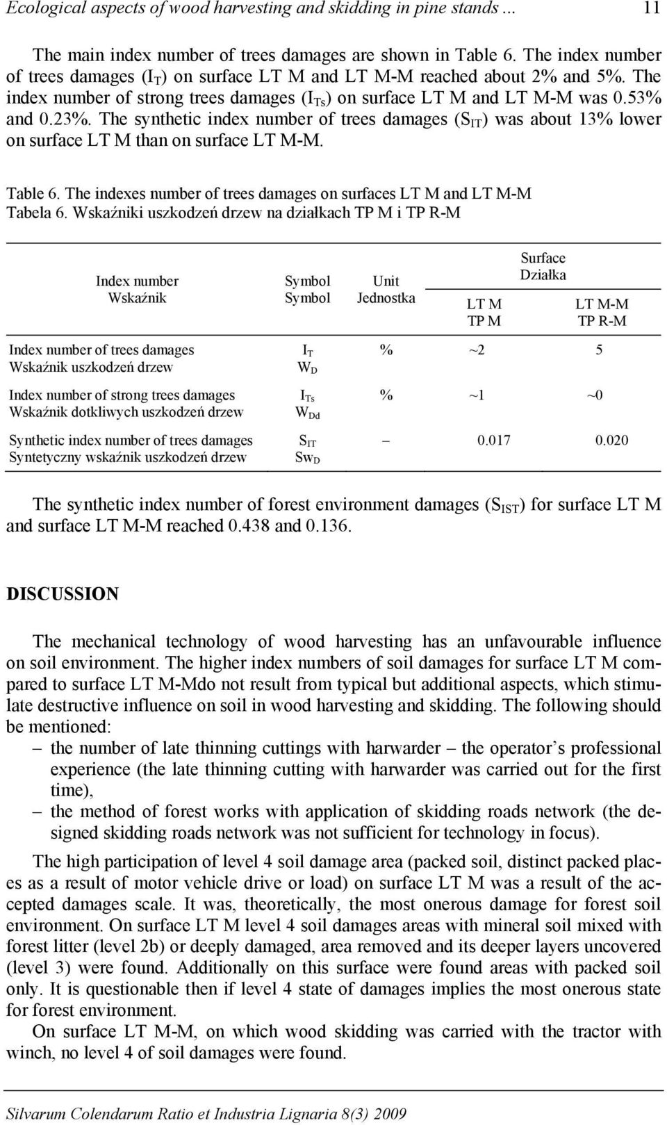 The synthetic index number of trees damages (S IT ) was about 13% lower on surface LT M than on surface LT M-M. Table 6. The indexes number of trees damages on surfaces LT M and LT M-M Tabela 6.