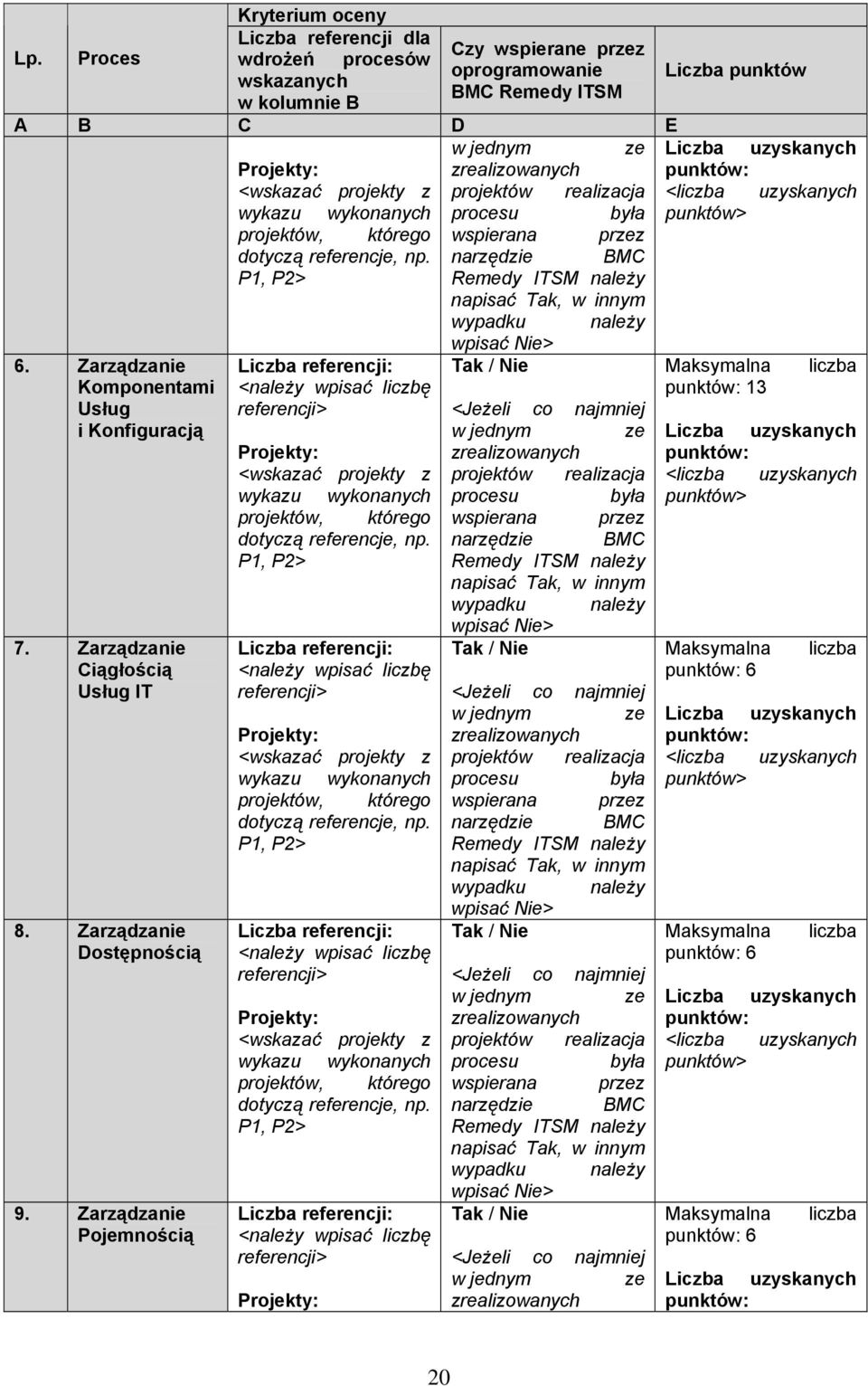 wykonanych procesu była projektów, którego wspierana przez dotyczą referencje, np. narzędzie BMC P1, P2> Remedy ITSM należy napisać Tak, w innym wypadku należy wpisać Nie> 6.