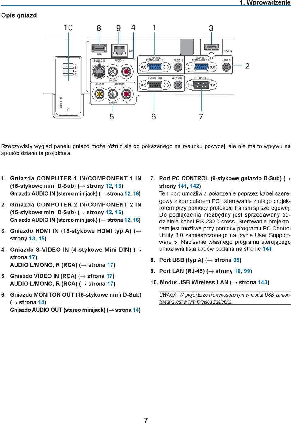 Gniazda COMPUTER 1 IN/COMPONENT 1 IN (15-stykowe mini D-Sub) ( strony 12, 16) Gniazdo AUDIO IN (stereo minijack) ( strona 12, 16) 2.