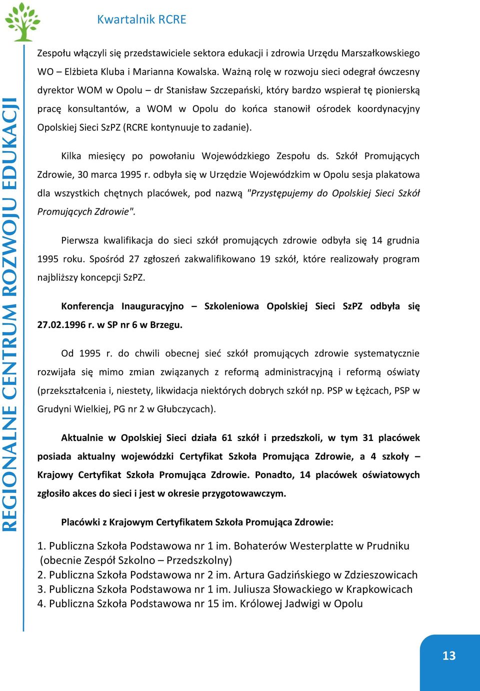 koordynacyjny Opolskiej Sieci SzPZ (RCRE kontynuuje to zadanie). Kilka miesięcy po powołaniu Wojewódzkiego Zespołu ds. Szkół Promujących Zdrowie, 30 marca 1995 r.