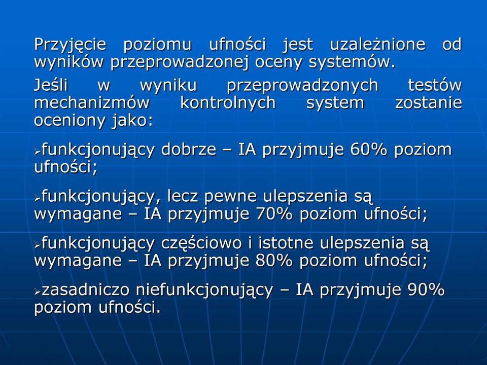 IA przyjmuje 60% poziom ufności; funkcjonujący, lecz pewne ulepszenia są wymagane IA przyjmuje 70% poziom ufności;