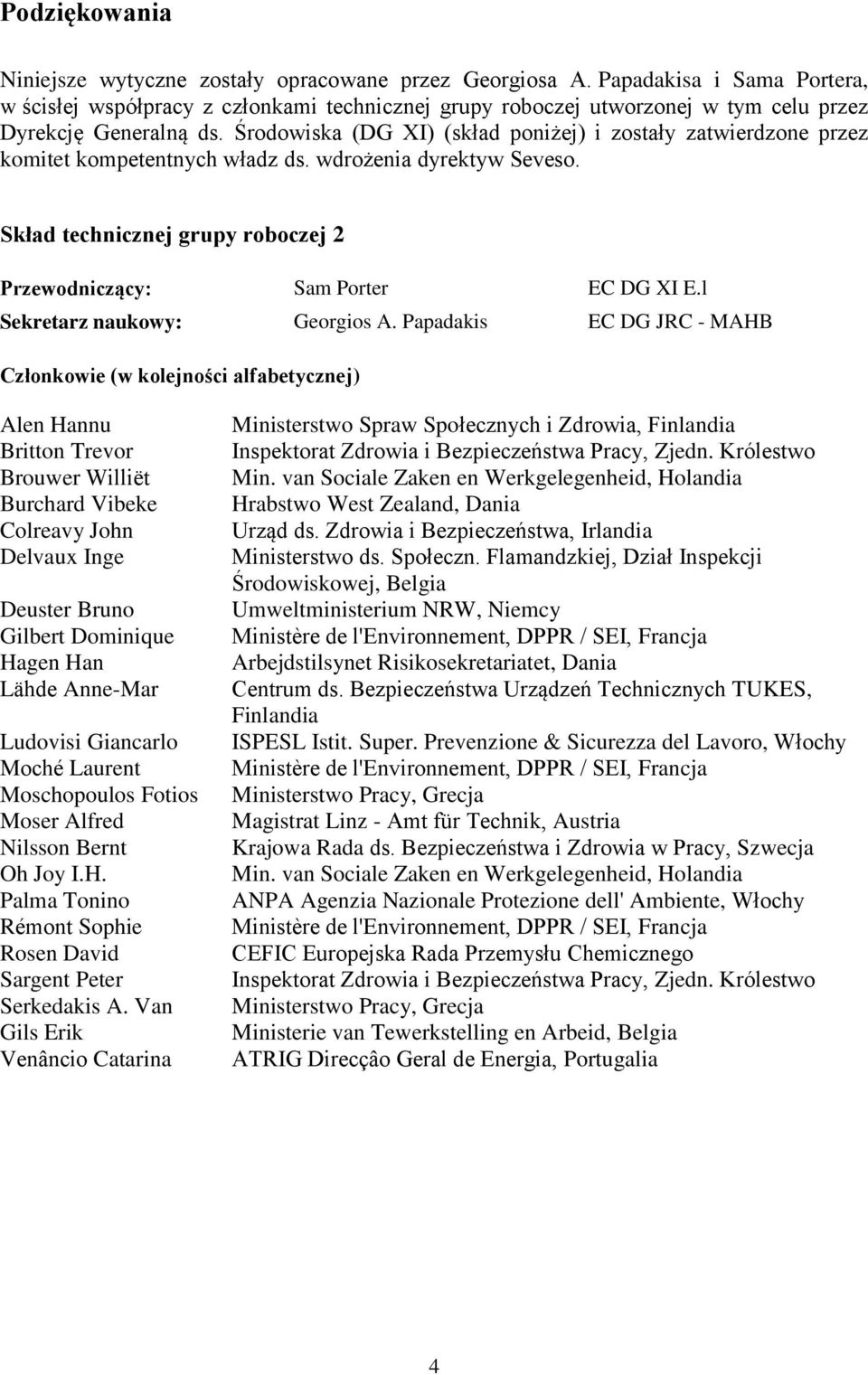 Środowiska (DG XI) (skład poniżej) i zostały zatwierdzone przez komitet kompetentnych władz ds. wdrożenia dyrektyw Seveso. Skład technicznej grupy roboczej 2 Przewodniczący: Sam Porter EC DG XI E.