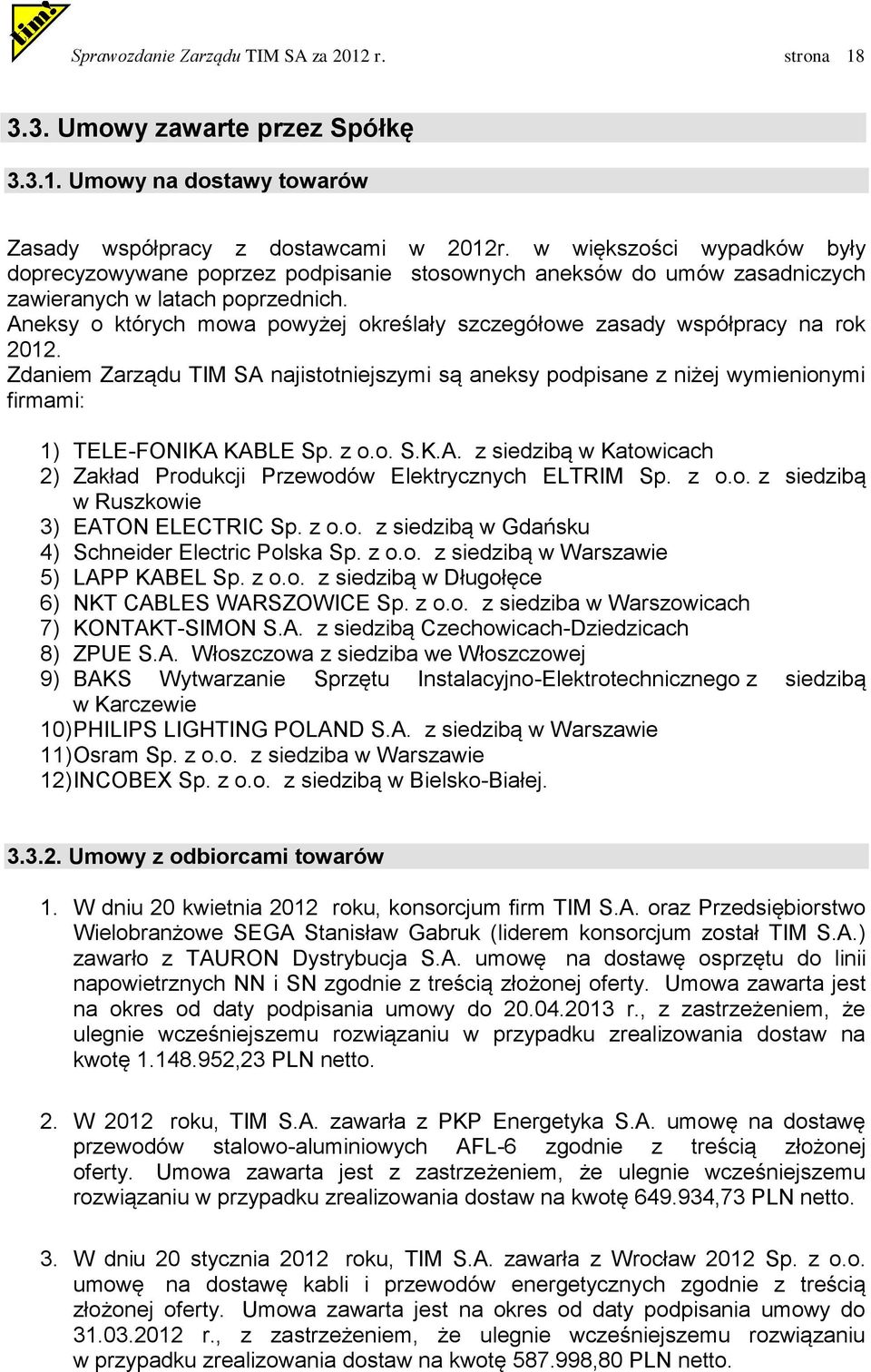 Aneksy o których mowa powyżej określały szczegółowe zasady współpracy na rok 2012. Zdaniem Zarządu TIM SA najistotniejszymi są aneksy podpisane z niżej wymienionymi firmami: 1) TELE-FONIKA KABLE Sp.