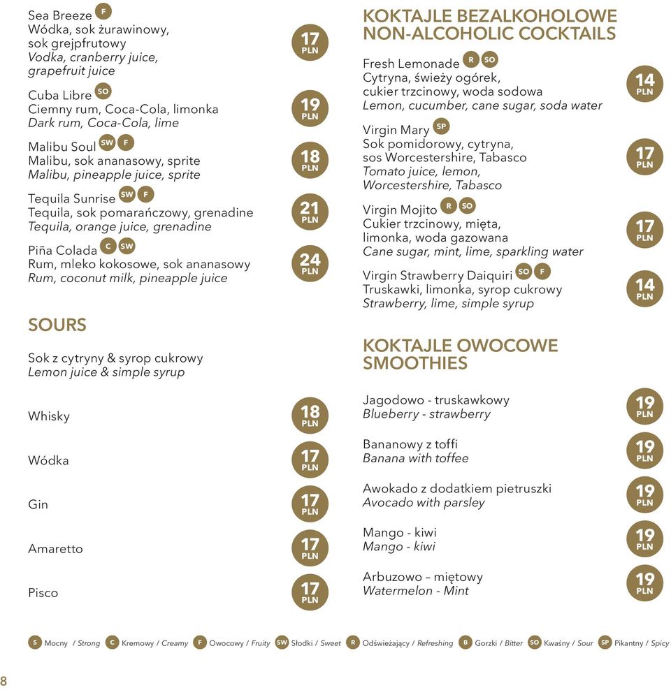 coconut milk, pineapple juice SOURS Sok z cytryny & syrop cukrowy Lemon juice & simple syrup 17 19 18 21 24 KOKTAJLE BEZALKOHOLOWE NON-ALCOHOLIC COCKTAILS R SO Fresh Lemonade Cytryna, świeży ogórek,