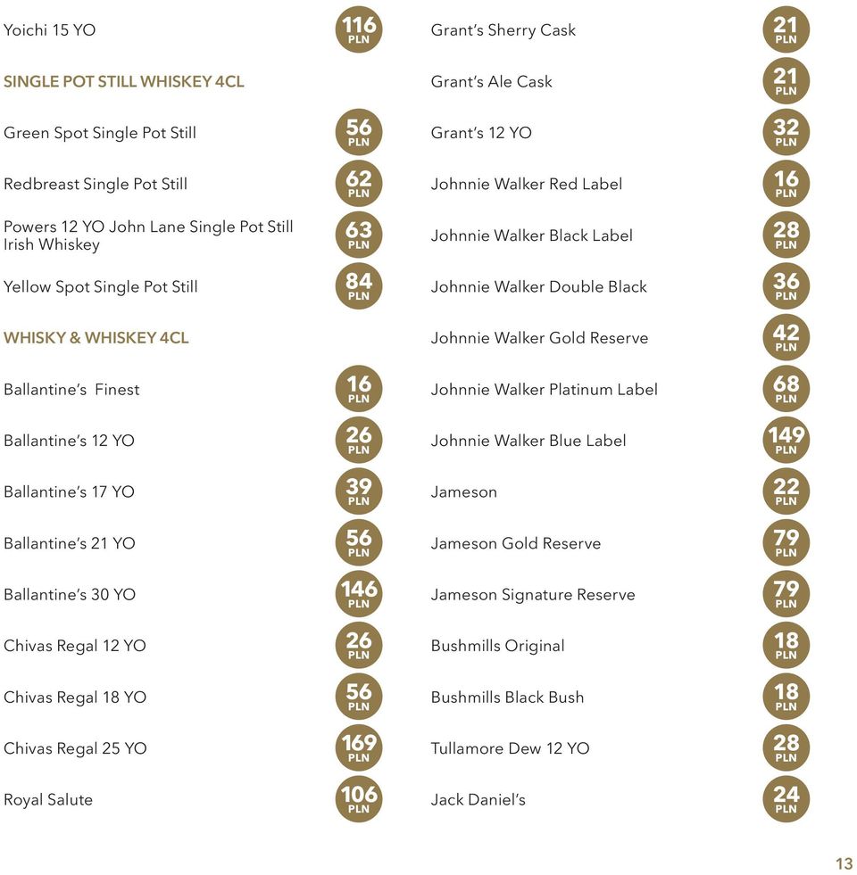 17 YO 39 Ballantine s 21 YO 56 Ballantine s 30 YO 146 Chivas Regal 12 YO 26 Chivas Regal 18 YO 56 Chivas Regal 25 YO 169 Royal Salute 106 Johnnie Walker Double Black 36 Johnnie Walker Gold Reserve 42