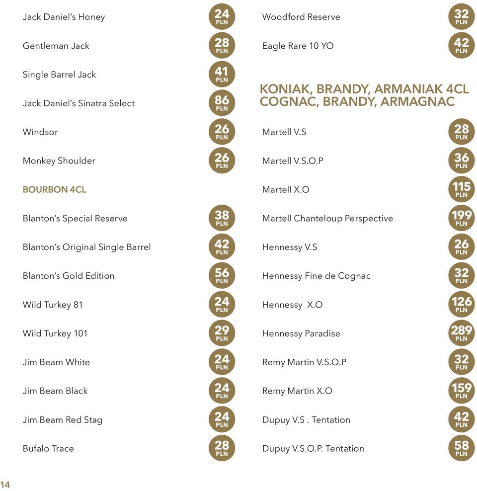 Reserve 32 Eagle Rare 10 YO 42 KONIAK, BRANDY, ARMANIAK 4CL COGNAC, BRANDY, ARMAGNAC Martell V.S 28 Martell V.S.O.P 36 Martell X.