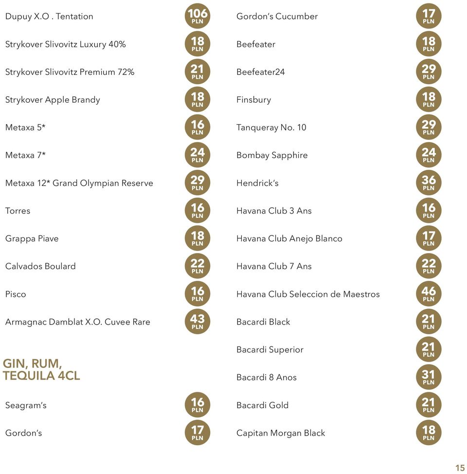 Olympian Reserve 29 Torres 16 Grappa Piave 18 Calvados Boulard 22 Pisco 16 Armagnac Damblat X.O. Cuvee Rare 43 GIN, RUM, TEQUILA 4CL Seagram s 16 Gordon s 17 Gordon s Cucumber 17 Beefeater 18 Beefeater24 29 Finsbury 18 Tanqueray No.