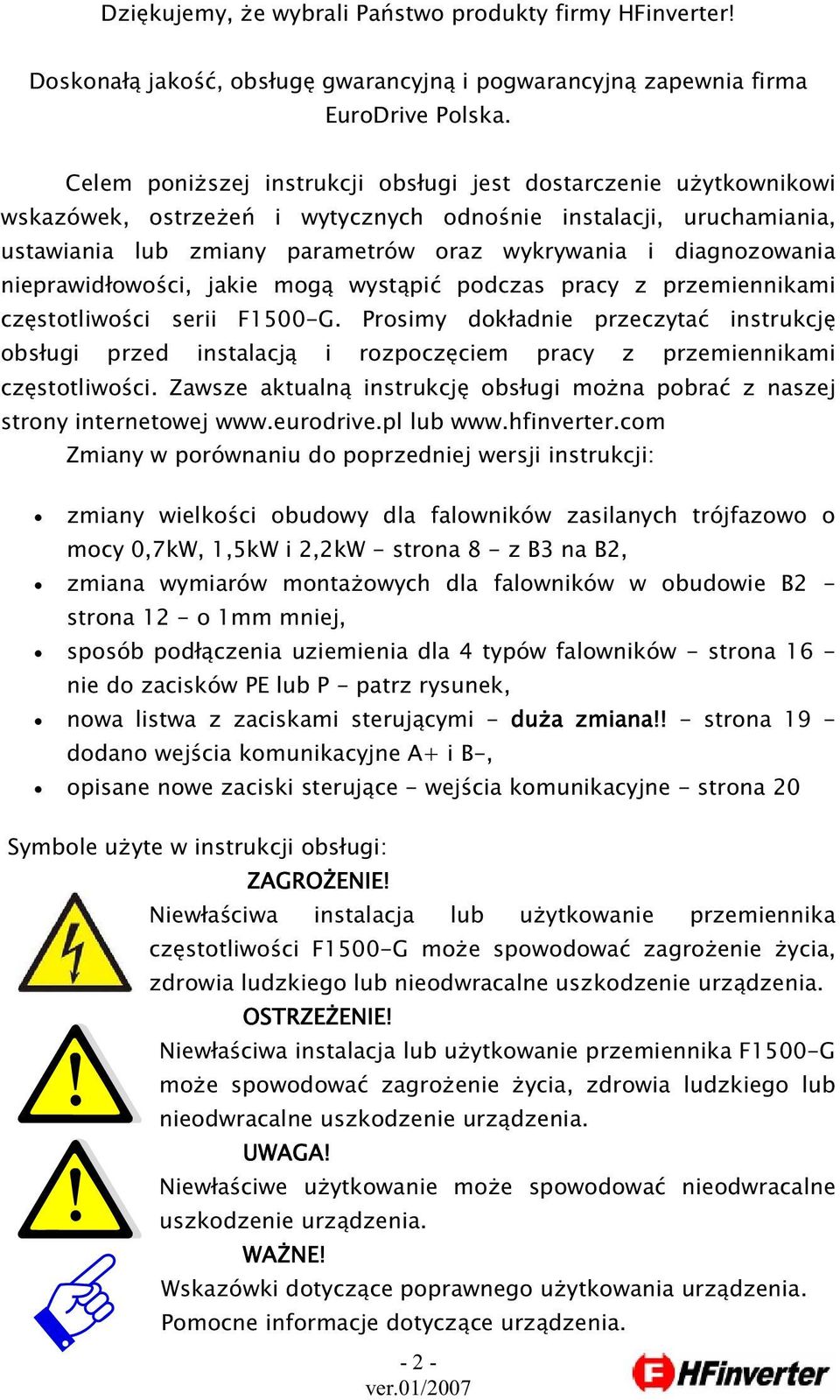 nieprawid owo ci, jakie mog wyst pi podczas pracy z przemiennikami cz stotliwo ci serii F15-G.