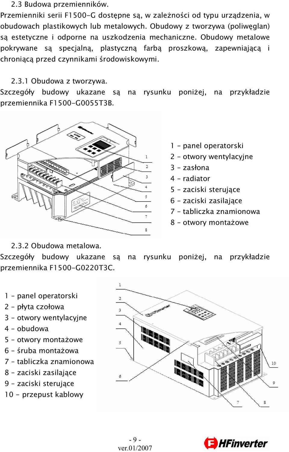 Obudowy metalowe pokrywane s specjaln, plastyczn farb proszkow, zapewniaj c i chroni c przed czynnikami rodowiskowymi. 2.3.1 Obudowa z tworzywa.