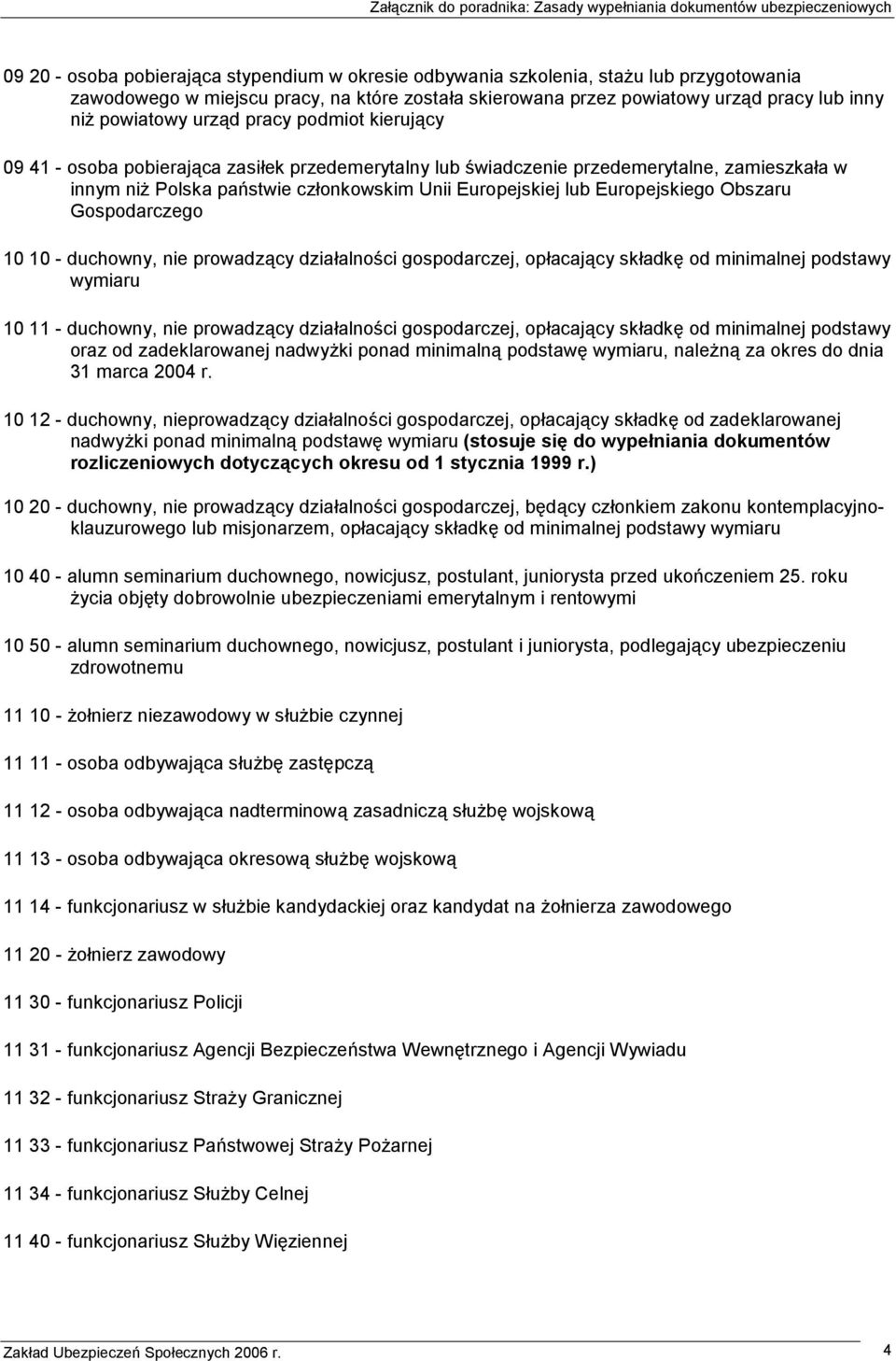 Europejskiego Obszaru Gospodarczego 10 10 - duchowny, nie prowadzący działalności gospodarczej, opłacający składkę od minimalnej podstawy wymiaru 10 11 - duchowny, nie prowadzący działalności