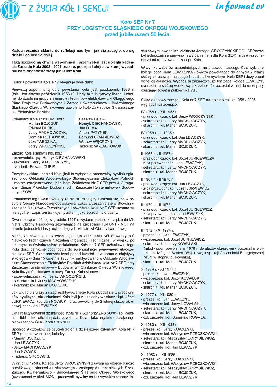 Taką szczególną chwilą wspomnień i przemyśleń jest ubiegła kadencja Zarządu Koła 2002-2006 oraz rozpoczęta kolejna, w której wypadnie nam obchodzić złoty jubileusz Koła.