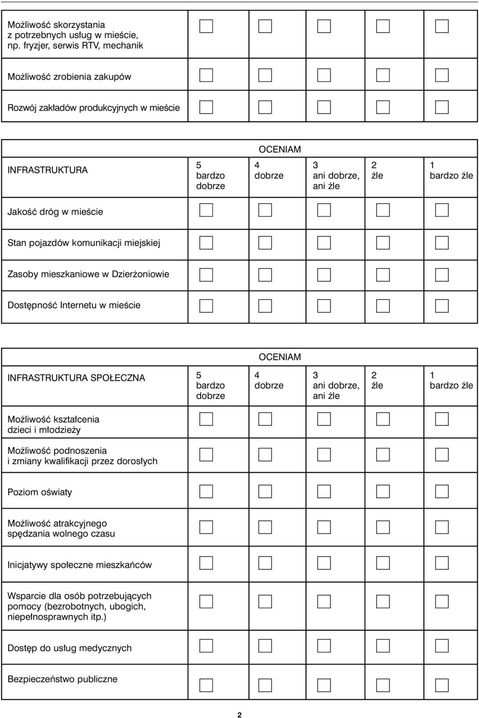 w mieêcie Stan pojazdów komunikacji miejskiej Zasoby mieszkaniowe w Dzier oniowie Dost pnoêç Internetu w mieêcie OCENIAM INFRASTRUKTURA SPO ECZNA 5 bardzo dobrze 4 dobrze 3 ani dobrze, ani êle 2 êle
