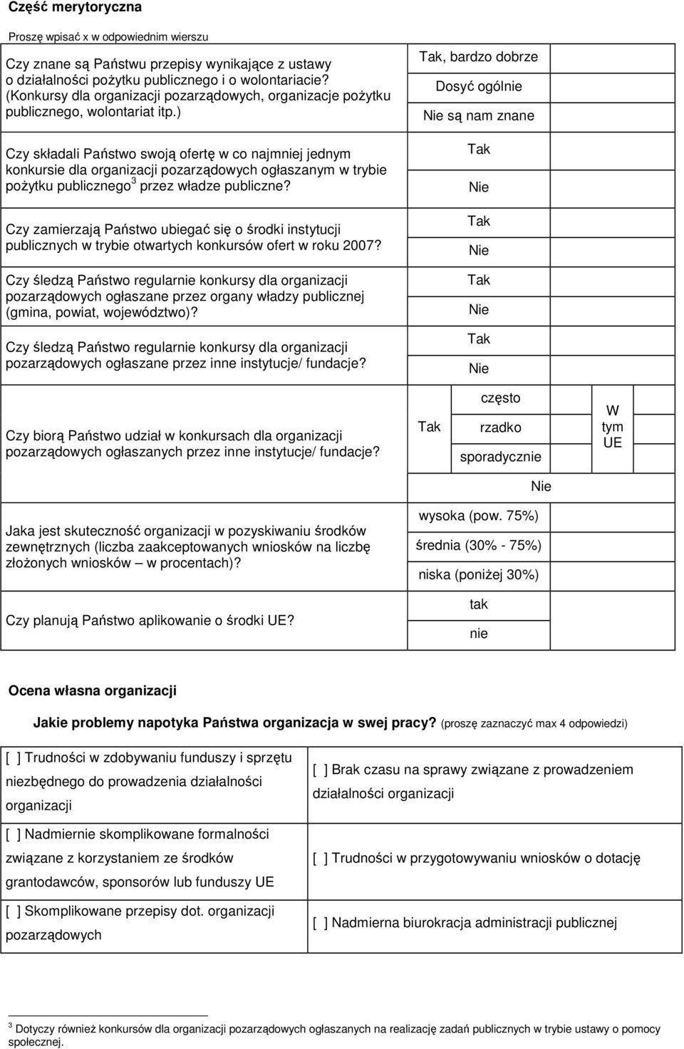 ) Czy składali Państwo swoją ofertę w co najmniej jednym konkursie dla organizacji pozarządowych ogłaszanym w trybie poŝytku publicznego 3 przez władze publiczne?