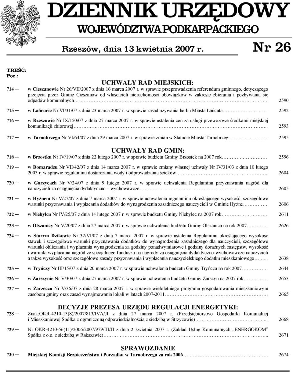 2590 715 w Łańcucie Nr VI/31/07 z dnia 23 marca 2007 r. w sprawie zasad używania herbu Miasta Łańcuta 2592 716 w Rzeszowie Nr IX/150/07 z dnia 27 marca 2007 r.