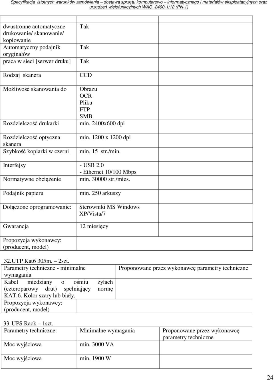 0 - Ethernet 10/100 Mbps Normatywne obciążenie min. 30000 str./mies. Podajnik papieru Dołączone oprogramowanie: Gwarancja min. 250 arkuszy Sterowniki MS Windows XP/Vista/7 12 miesięcy 32.