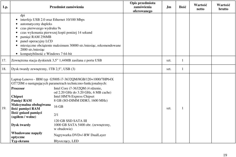 str./miesiąc, rekomendowane 2000 str./miesiąc kompatybilność z Windows 7 64-bit Opis przedmiotu zamówienia oferowanego 17. Zewnętrzna stacja dyskietek 3,5 1,44MB zasilana z portu USB szt. 1 18.