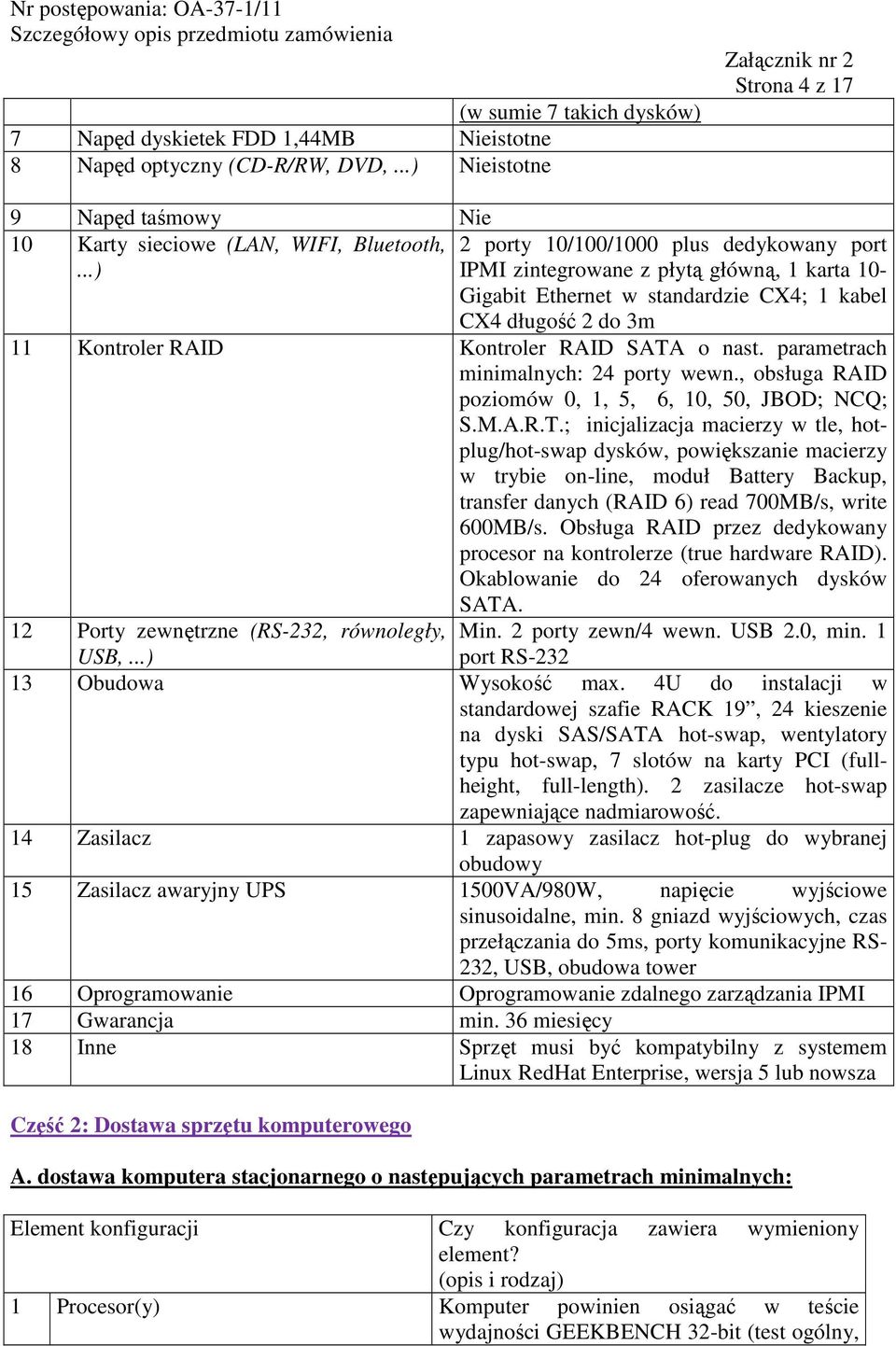 parametrach minimalnych: 24 porty wewn., obsługa RAID poziomów 0, 1, 5, 6, 10, 50, JBOD; NCQ; S.M.A.R.T.