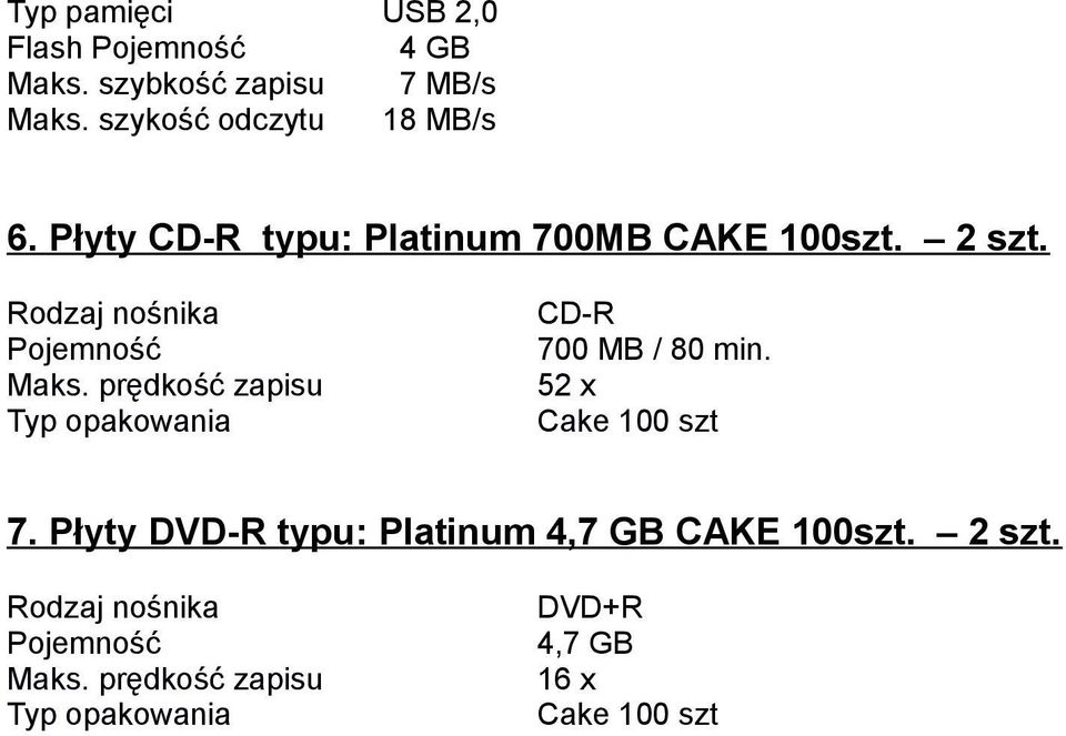 prędkość zapisu Typ opakowania CD-R 700 MB / 80 min. 52 x Cake 100 szt 7.