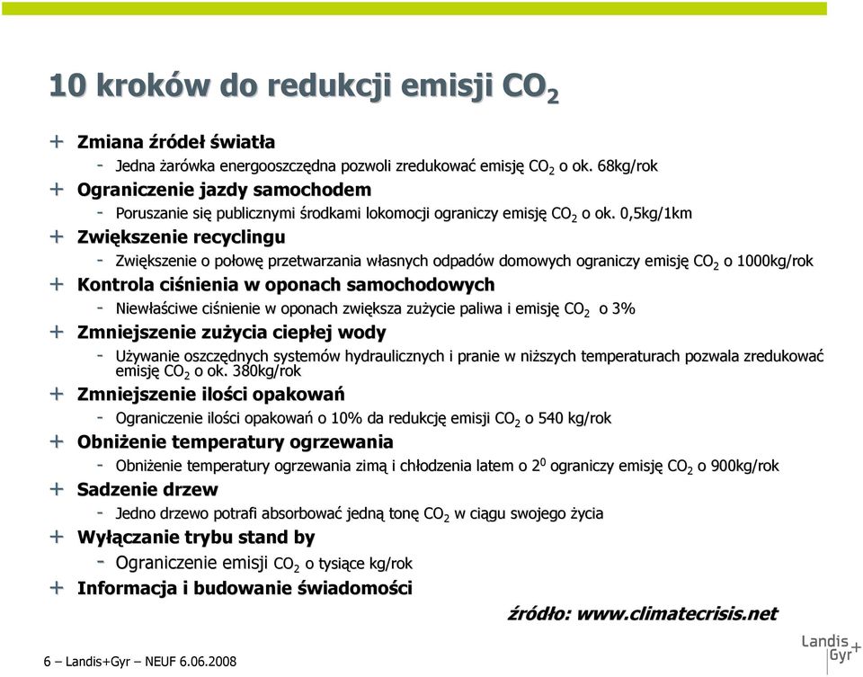 0,5kg/1km + Zwiększenie recyclingu - Zwiększenie o połow owę przetwarzania własnych w odpadów w domowych ograniczy emisję CO 2 o 1000kg/rok + Kontrola ciśnienia w oponach samochodowych - Niewłaściwe