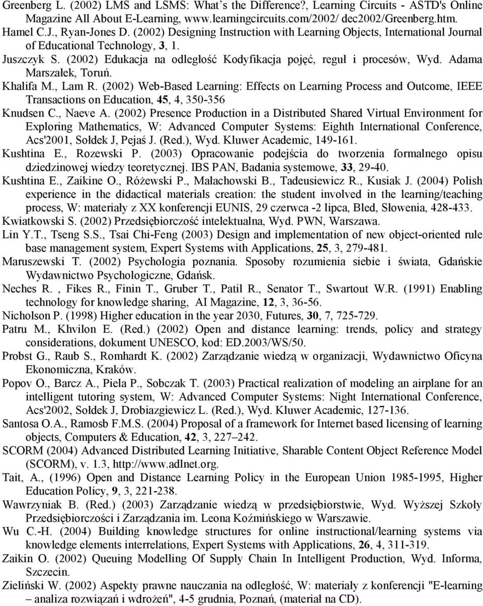 (2002) Edukacja na odległość Kodyfikacja pojęć, reguł i procesów, Wyd. Adama Marszałek, Toruń. Khalifa M., Lam R.